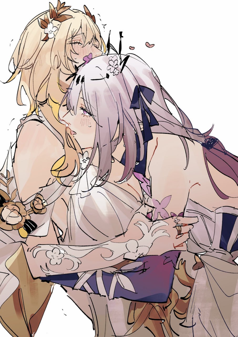 2girls, aglaea (honkai: star rail), blush, castorice (honkai: star rail), female, female only, honkai: star rail, hugging, yuri