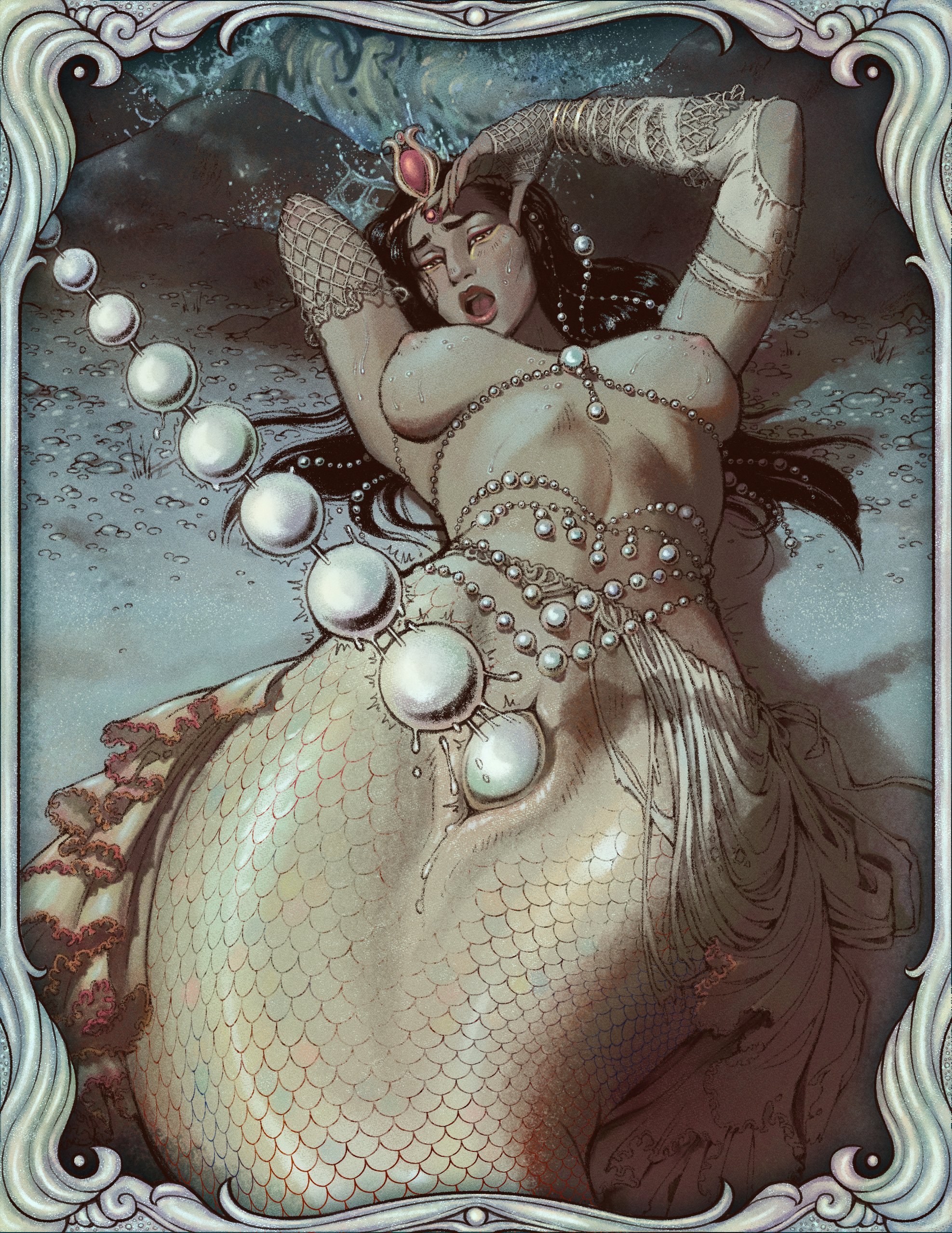 1girls, anal beads, anal beads in pussy, anal beads pull, breasts, female, hulder, jewelry, merfolk, mermaid, pearl (gem), pussy, pussy juice, sex toy, tiara