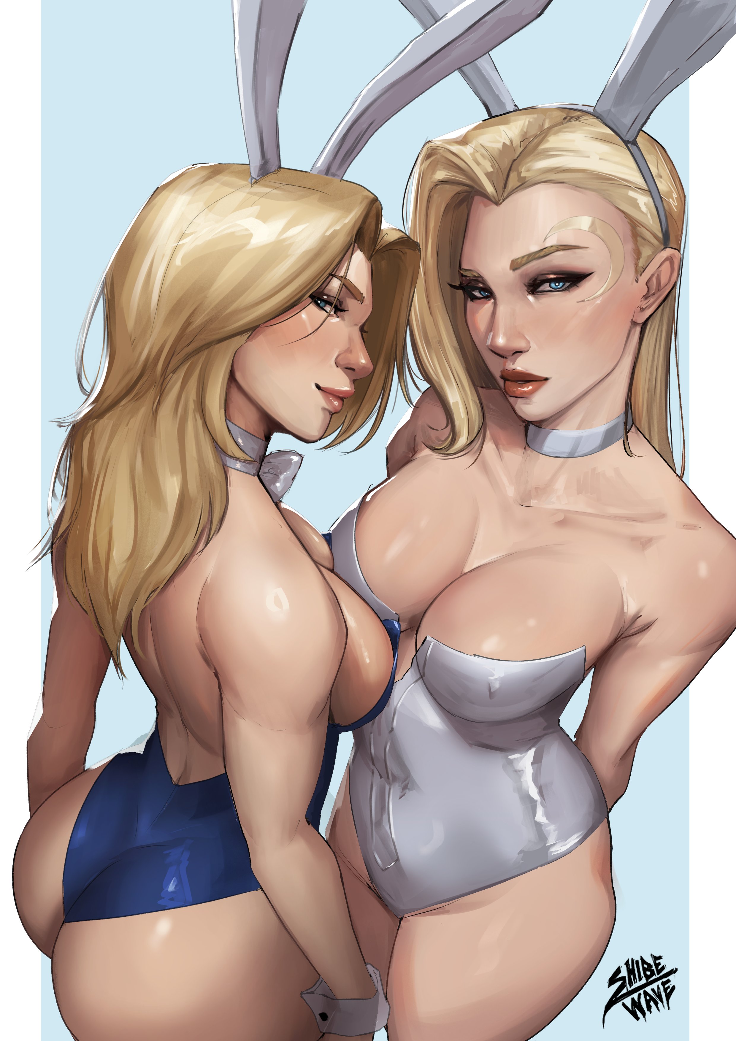 2d, 2girls, big breasts, blonde hair, breasts, bunny ears, bunny girl, bunnysuit, cleavage, clothed, clothed female, dagger (marvel rivals), dagger (marvel), female, female only, invisible woman, invisible woman (marvel rivals), marvel, marvel comics, marvel rivals, shibewave, sue storm, tandy bowen