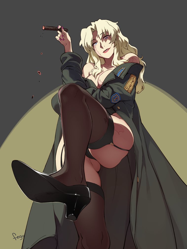 balalaika, black lagoon, blonde hair, blue eyes, breasts, cigar, clothed, feguimel, female, heels, scar, stockings, thick thighs, thighs