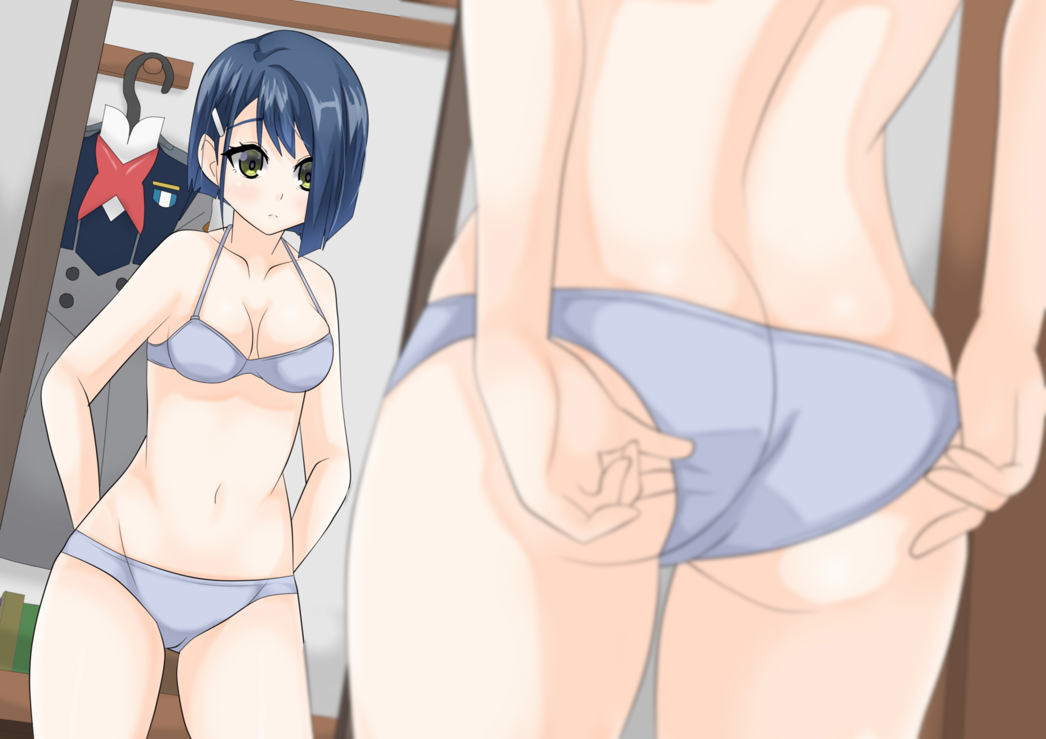 adjusting panties, bra, close-up, darling in the franxx, female, ichigo (darling in the franxx), mirror, panties, pocolla, school uniform, solo