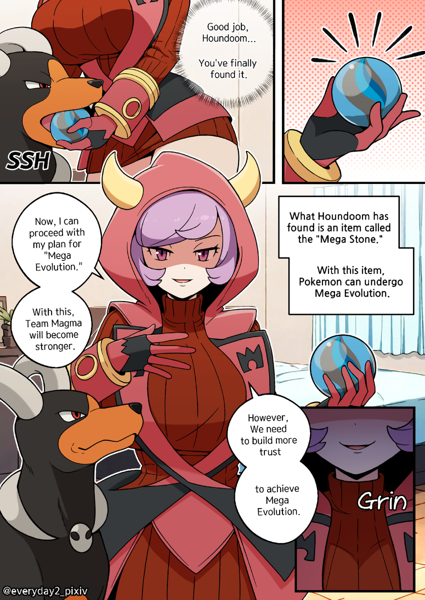 1boy, 1girls, alternate breast size, big breasts, breasts, canid, canine, cleavage, clothed, clothing, courtney (pokemon), creatures (company), english text, everyday2, female, game freak, houndoom, huge breasts, male, mega stone, nintendo, pokémon (species), pokemon, pokemon (franchise), pokemon (game), pokemon (series), pokemon (species), pokemon gsc, pokemon oras, pokemon trainer, team magma