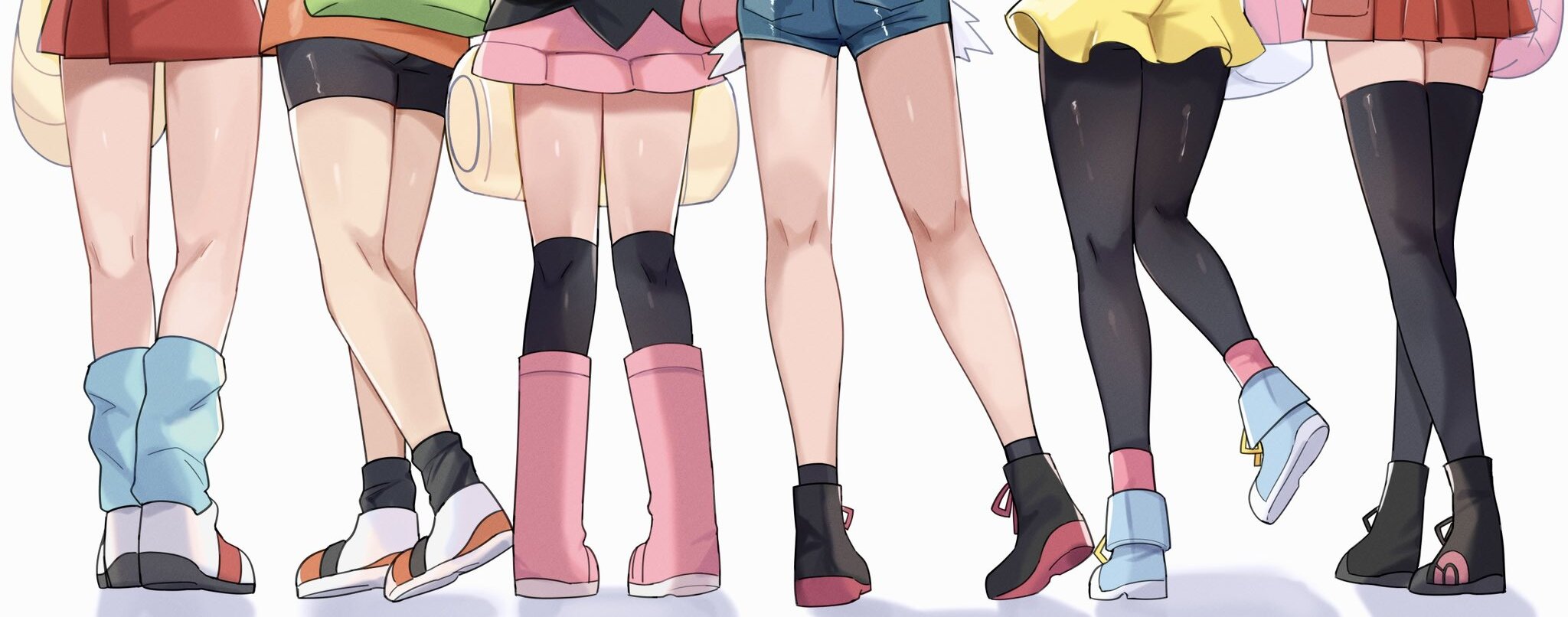 6+girls, 6girls, bag, bike shorts, black pantyhose, blue footwear, blue socks, boots, commentary request, dawn (pokemon), duffel bag, exposed pocket, female, highres, hilda (pokemon), kneepits, leaf (pokemon), leg focus, legs, light skin, loose socks, may (pokemon), mei (pokemon), multiple females, multiple girls, nintendo, over-kneehighs, pantyhose, pink boots, pink skirt, pink socks, pleated skirt, pokemon, pokemon bw, pokemon bw2, pokemon dppt, pokemon emerald, pokemon frlg, pokemon rse, pokemon xy, ririmon, rosa (pokemon), serena (pokemon games), serena (pokemon), shoes, short shorts, shorts, skirt, socks, softcore, standing, thighhighs, white footwear, yellow bag, yellow shorts