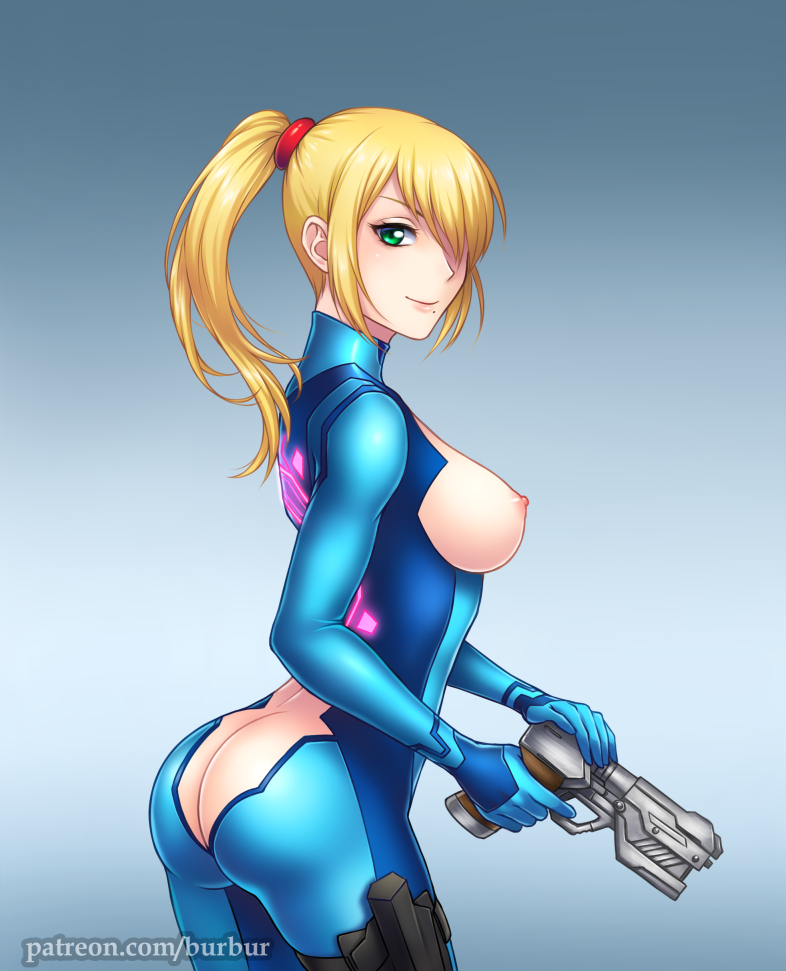 adapted_costume areolae artist_name ass ass_cleavage bangs blonde_hair bodysuit breasts burbur butt_crack dat_ass erect_nipples female green_eyes gun hair_over_one_eye huge_ass impossible_clothes latex looking_at_viewer looking_back metroid mole mole_under_mouth nintendo nipples patreon ponytail samus_aran shiny shiny_clothes sideboob simple_background skin_tight smile solo spandex tied_hair weapon web_address zero_suit zero_suit_samus