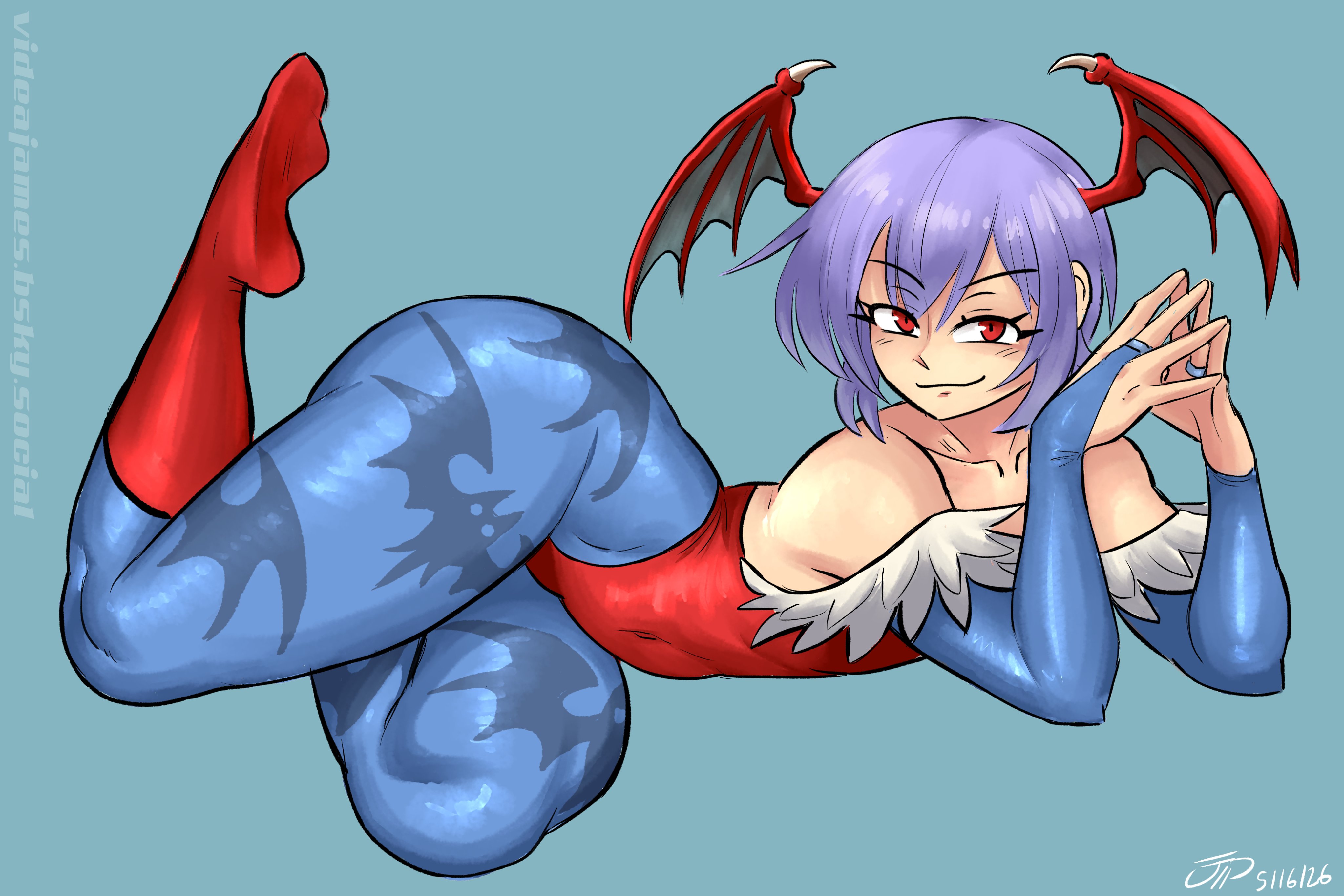 1girls, arm covers, ass, ass bigger than head, blue tights, capcom, darkstalkers, detached sleeves, female, female focus, female only, flat chest, flat chested, fully clothed, grin, high leg leotard, lavender hair, leotard, lilith aensland, looking at viewer, pantyhose, purple hair, red eyes, red leotard, short hair, small breasts, smirk, smirking at viewer, strapless leotard, succubus, tagme, thick thighs, tights, vampire (game), vampire savior, videajames, wings on head