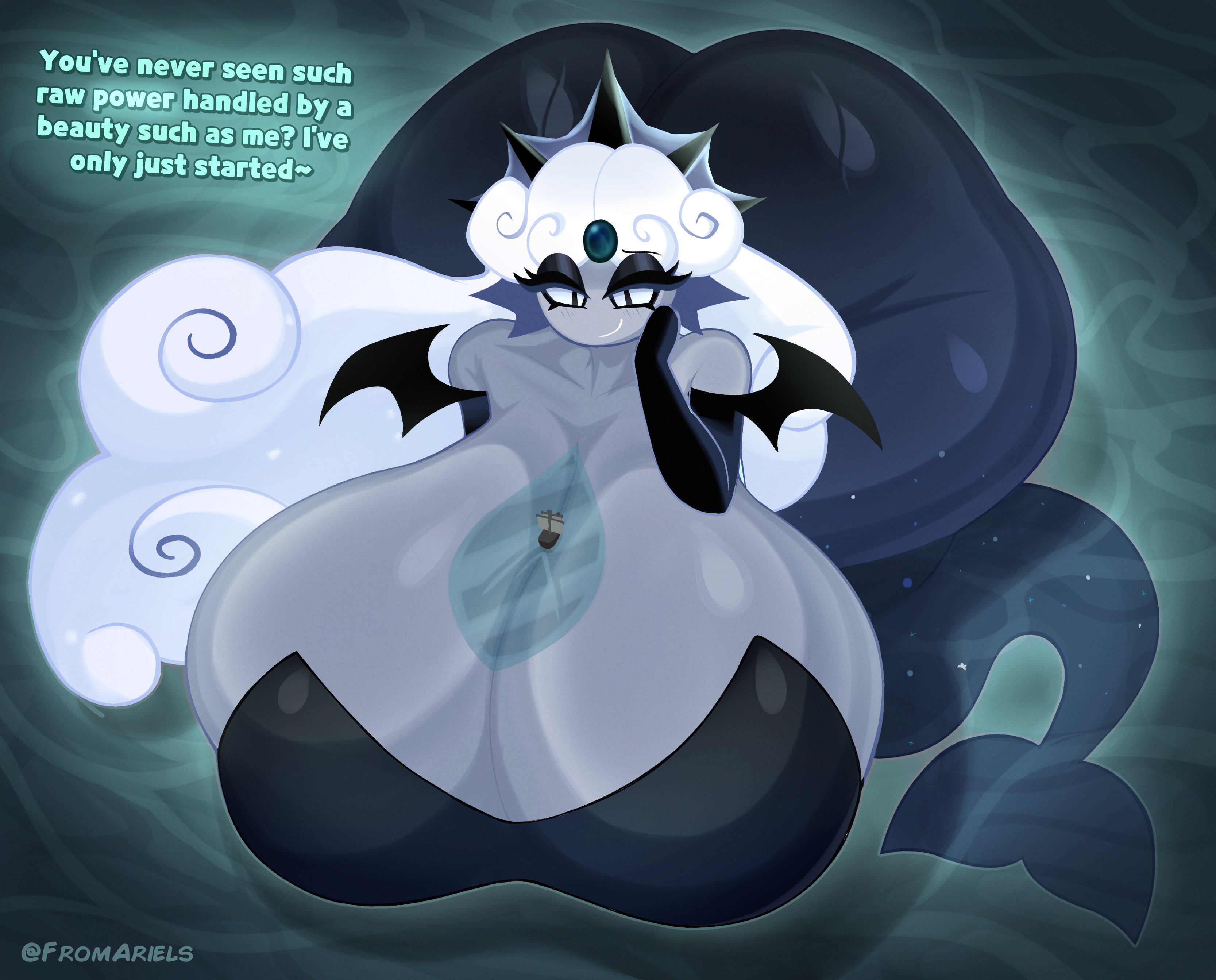 1girls, alternate breast size, armwear, black pearl cookie, breasts, breasts bigger than head, cookie run, cookie run kingdom, covered nipples, dialogue, fromariels, giantess, grey body, hand on face, hyper ass, hyper breasts, merfolk, mermaid, object between breasts, ship, twitter username