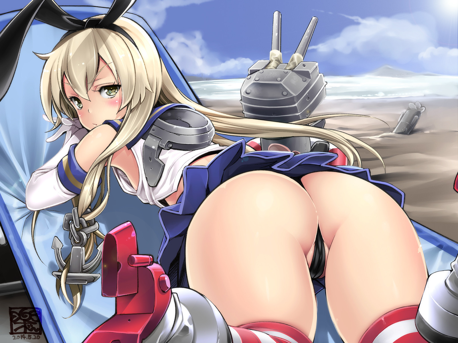 ass, beach, blonde hair, blush, cameltoe, female, heels, kantai collection, long hair, pussy, rensouhou-chan, shimakaze (kantai collection), thighs, vagina, wet