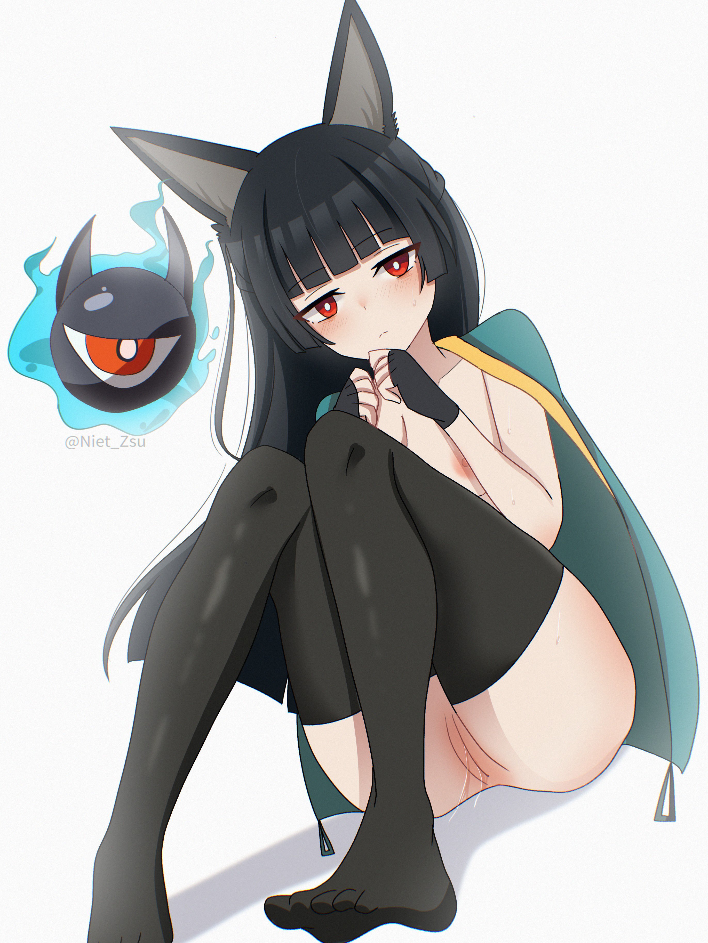 bangs, black hair, cloak, feet, fox ears, fox girl, hime cut, hoshimi miyabi, long hair, niet zsu, petite, petite body, pink nipples, pink pussy, pussy, pussy juice drip, sitting, small breasts, soles, thighhighs, zenless zone zero