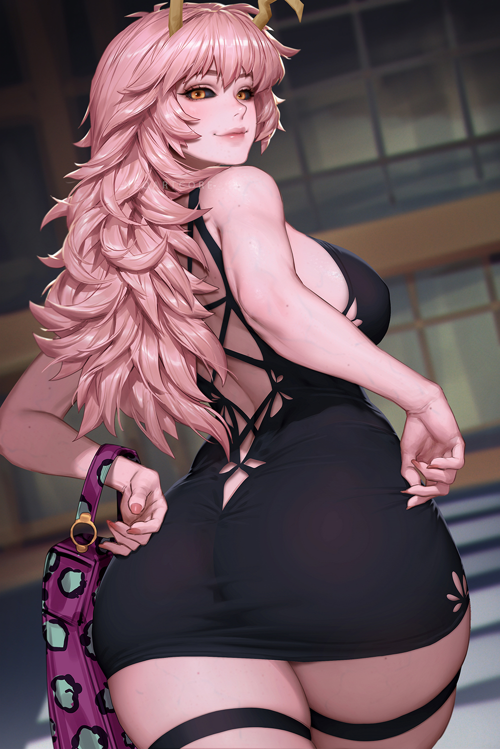 1girl, 1girls, artist name, ashido mina, ashido mina time-skip, ass, big ass, black dress, black sclera, boku no hero academia, breasts, brown eyes, closed mouth, colored sclera, colored skin, dress, english commentary, fit female, full lips, highres, horns, lips, long hair, looking back, median furrow, medium breasts, mina ashido, mina ashido time-skip, my hero academia, my hero academia (finale), neoartcore, pink hair, pink skin, post-timeskip, slim waist, solo, thick thighs, thigh strap, wide hips