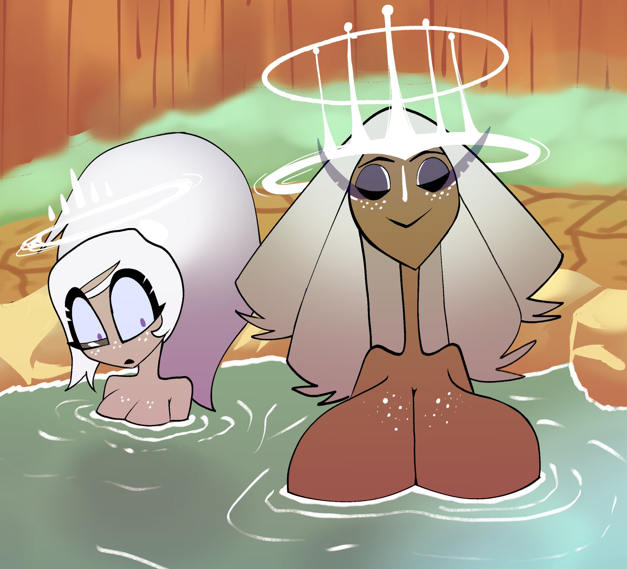 big breasts, bunibelol, cleavage, emily (hazbin hotel), female focus, female only, hazbin hotel, hot spring, sera (hazbin hotel), shocked eyes