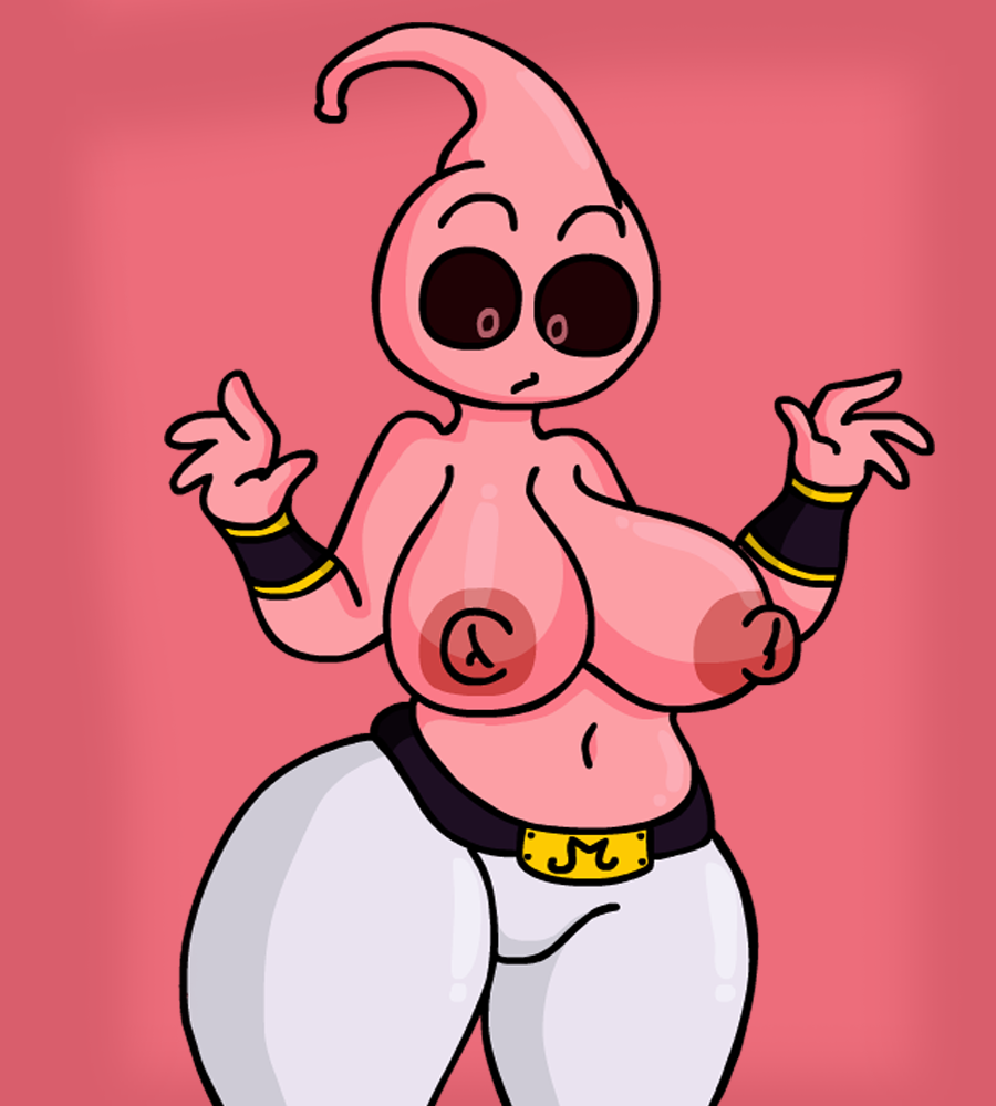 1girls belt black_sclera breasts detnox dragon_ball dragon_ball_z eyebrows_raised female female_majin_buu female_only humanoid looking_down majin majin_buu monster_girl nipples no_shirt pink_background pink_skin red_eyes rule_63 solo tentacle_head thick_thighs white_pants wristband