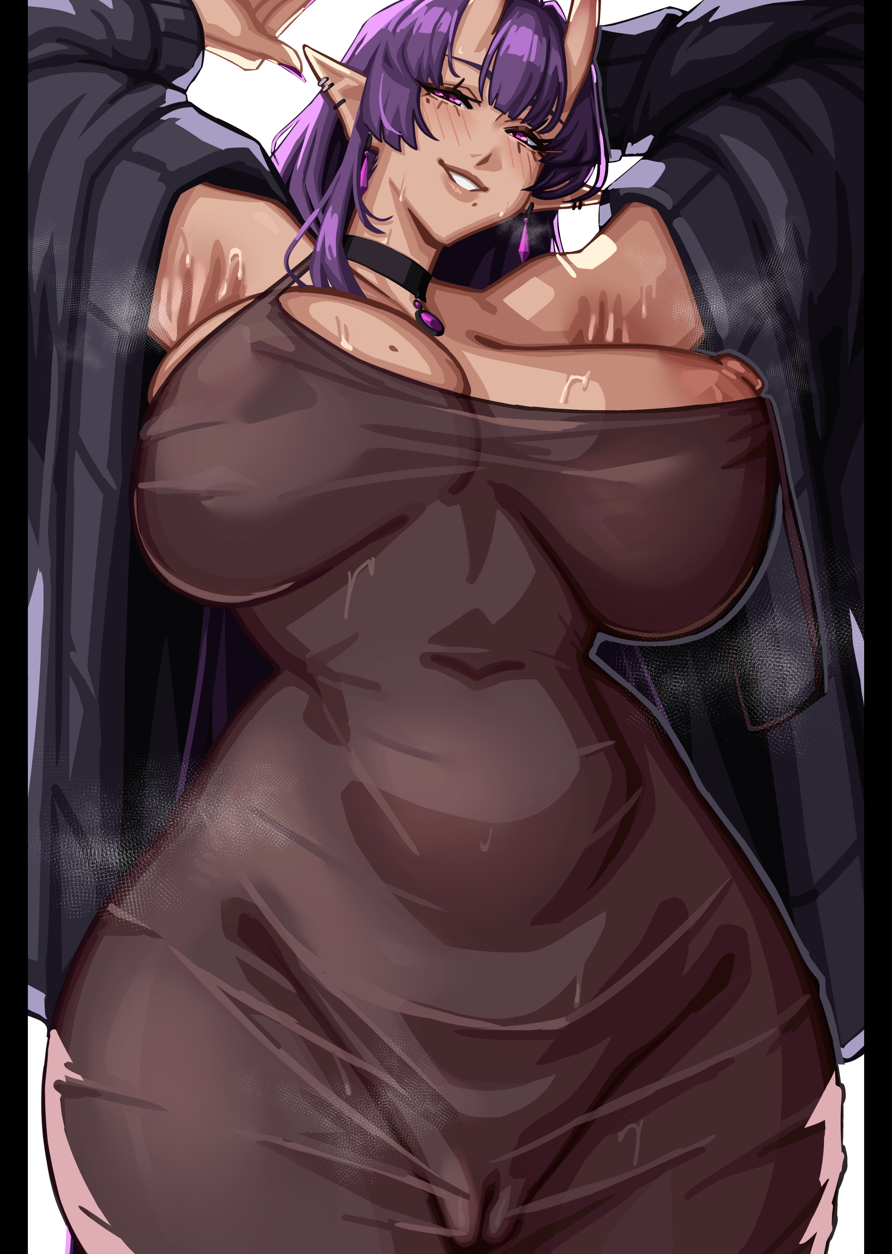 1girls, 2026, absurd res, alecto 0, areolae, armpits, arms up, big breasts, blush, choker, dress, female, female only, final fantasy, final fantasy xiv, grin, grinning at viewer, horns, hourglass figure, jacket, large breasts, long dress, long hair, looking at viewer, mole, mole on breast, mole under mouth, narrowed eyes, nipples, one nipple out, oni, oni female, oni horns, pointy ears, purple eyes, purple hair, pussy outline, smiling, smiling at viewer, solo, sumire (sumiremasen), thick thighs, wide hips