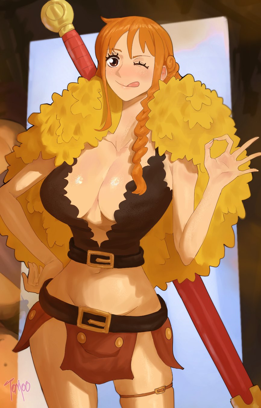 1girls, big breasts, cleavage, female, female only, midriff, nami (one piece), nami (one piece) (elbaf), ok sign, one piece, one piece: elbaf arc, orange hair, orange-haired female, post-timeskip, skimpy, skimpy clothes, solo, tomoe draws, tomoopachyy, tongue out