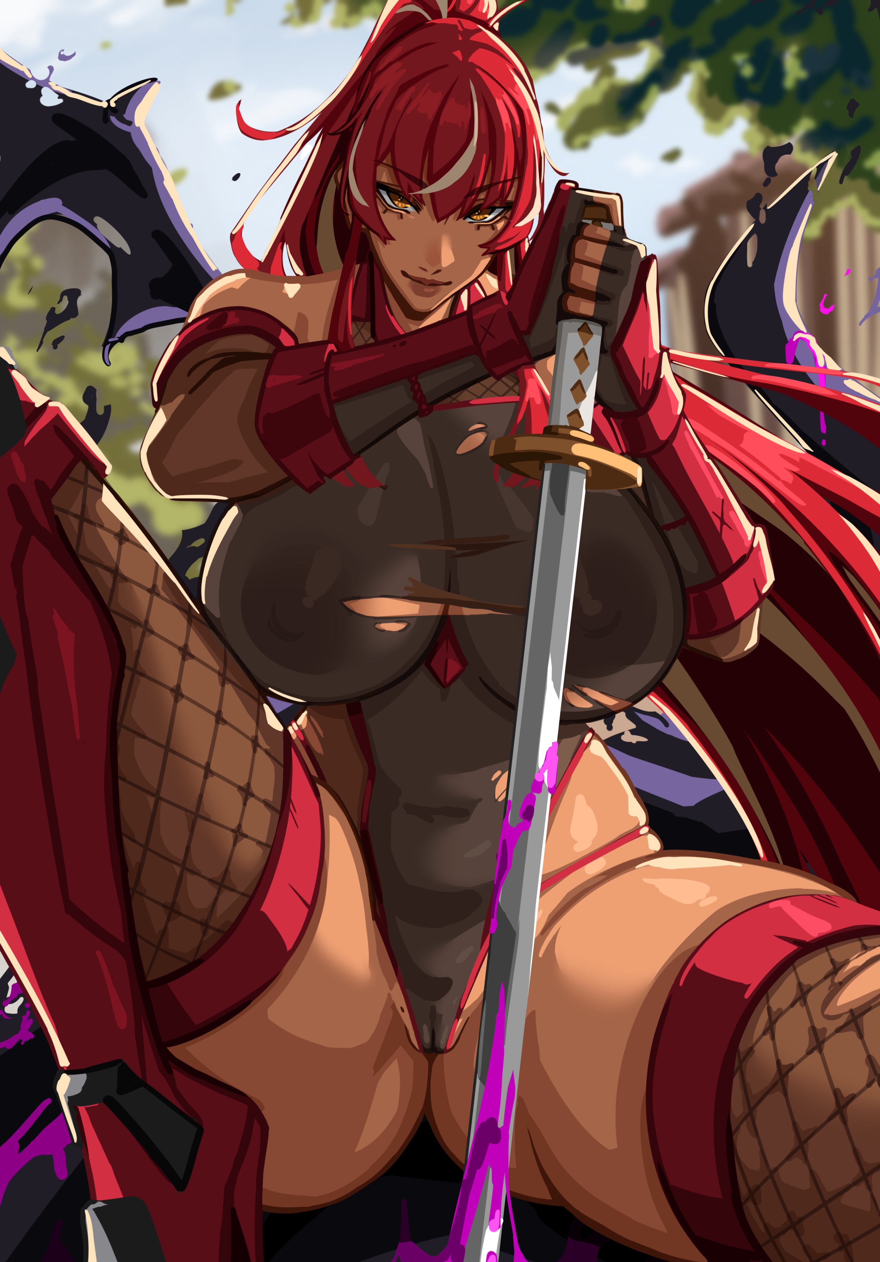 1girls, 2025, absurd res, akasha xueqi, alecto 0, amber eyes, areolae, avatar (ff14), big breasts, big thighs, breasts, cameltoe, female, female only, final fantasy, final fantasy xiv, fishnet legwear, fishnets, heel boots, highlights (coloring), hyur, katana, knee boots, kunoichi, leotard, long hair, looking at viewer, nipples, nipples visible through clothing, red hair, see-through, see-through clothing, sitting, smiling, smiling at viewer, solo, tan body, thick thighs, warrior of light (ff14), weapon
