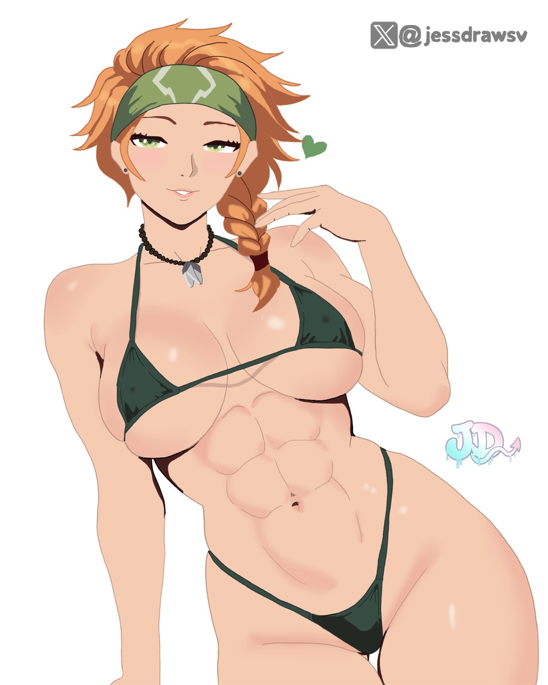 big ass, big boobs, big breasts, bikini, collar, digital media (artwork), green eyes, headband, jessdraws, muscular, orange hair, skye (valorant), valorant