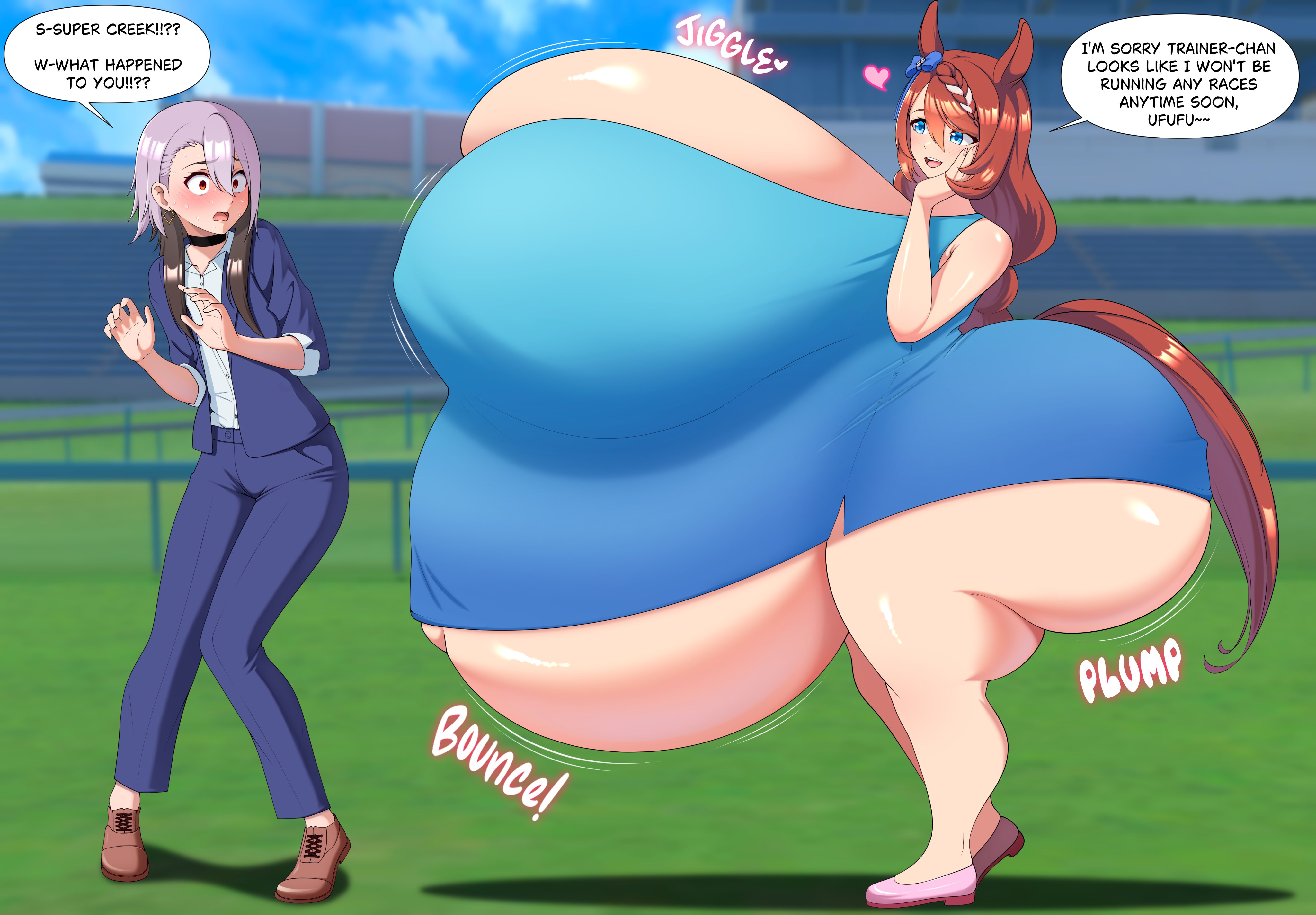 2girls, ass, ass bigger than head, ass bigger than torso, belly bigger than head, big ass, big breasts, blue eyes, blush, breasts, breasts bigger than head, breasts bigger than torso, breasts on belly, brown hair, cleavage, clothed, clothing, english text, eyebrows, eyebrows visible through hair, eyelashes, female, female trainer (umamusume), gigantic ass, gigantic breasts, hand on cheek, horse girl, huge ass, huge breasts, hyper, hyper breasts, hyper pregnancy, kemonomimi, large ass, large breasts, light skin, light-skinned female, looking at another, massive breasts, nase fumino, onomatopoeia, pregnant, pregnant female, ready to pop, round belly, silver hair, skindentation, standing, super creek (murmuring stream) (umamusume), super creek (umamusume), sweatdrop, tail, text, timaeus, trainer (umamusume), umamusume