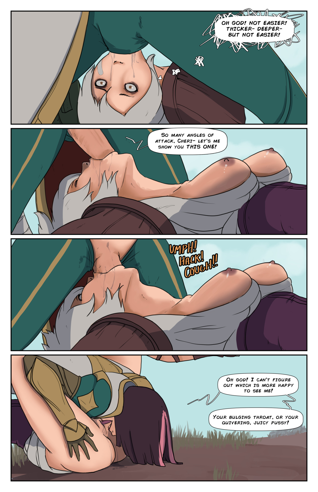 2girls, 69, bob hair, breasts, comic, deepthroat, dickgirl, face fucking, fellatio, female, fiora laurent, forced, forced sex, futa on female, futanari, intersex, league of legends, licking, neck bulge, on back, open mouth, oral, penis, pussy, riven, saliva, sex, short hair, text, throat bulge, throat fuck, throat swabbing, upside-down, vagina, white hair, wide eyed, zaun-derground