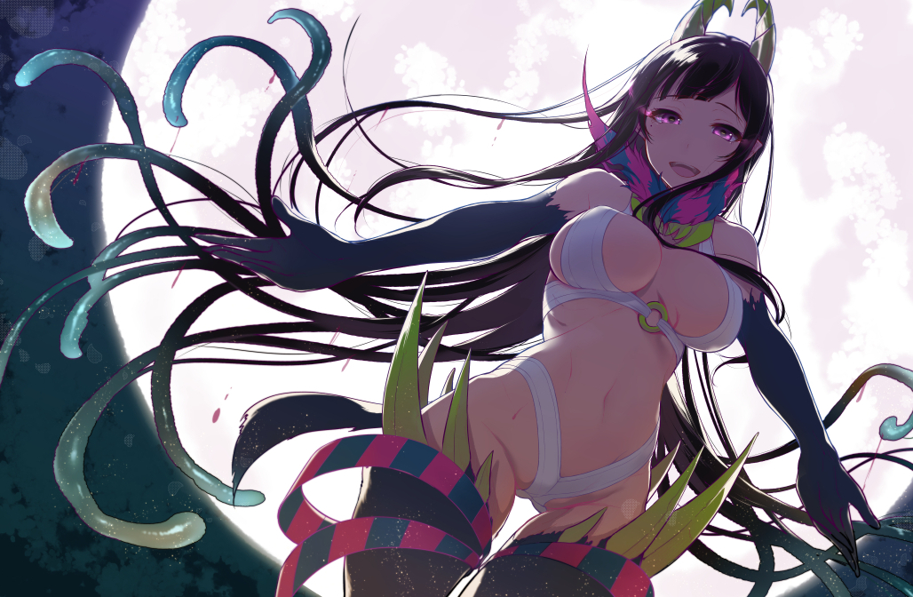 1girls ane_naru_mono black_hair blush breasts chiyo_(ane_naru_mono) cleavage color curvaceous demon female female_only full_cleavage full_moon glowing glowing_eyes heart heart-shaped_pupils horns large_breasts long_hair looking_at_viewer monster moon navel open_mouth original pochi_(pochi-goya) pointy_ears purple_eyes slime smile solo symbol-shaped_pupils tentacle_hair tentacles thigh_gap thighs wide_hips