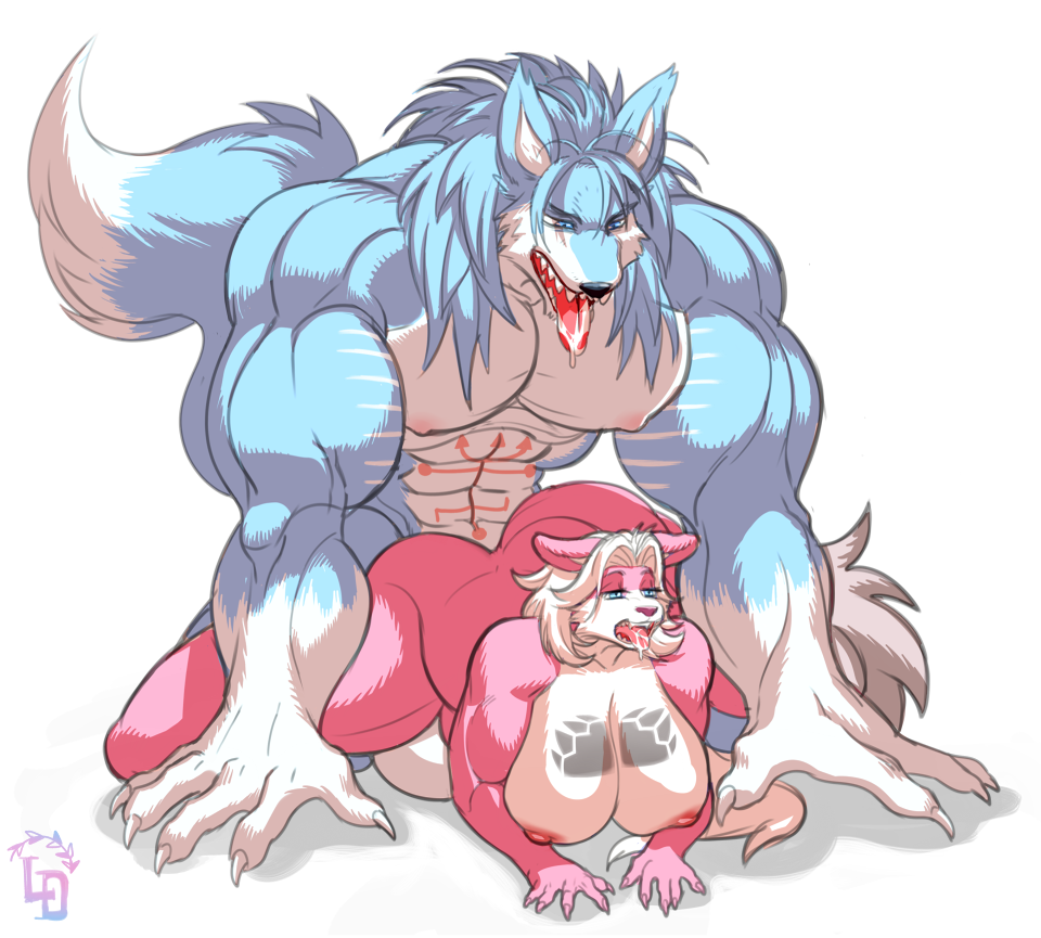 2017 abs anthro ayana balls biceps big_breasts blue_eyes breasts cabigoola canine duo fabian female from_behind_position fur hair huge_breasts male mammal markings muscular nipples nude pussy sex simple_background skunk straight white_hair wolf