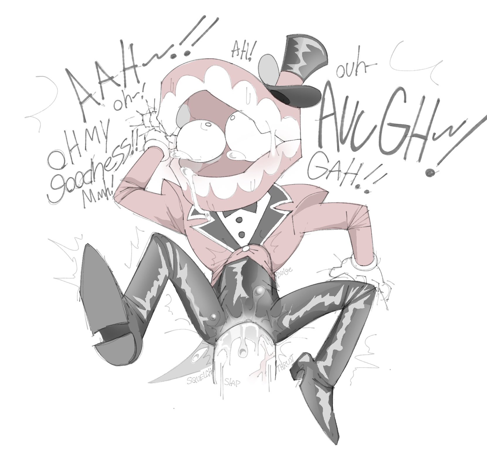 1cuntboy, 2boys, abdominal bulge, absurdly large cock, ahe gao, ahegao, belly bulge, big dom small sub, big penis, bigger dom, blush, bodily fluids, caine (the amazing digital circus), cartoon physics, cuntboy, cuntboy/male, eyes rolling back, grabbing sheets, holding bed sheet, holding sheet, huge cock, latex, male only, male/male, moaning, moaning in pleasure, pussy destruction, pussy juice, ringmaster, ringmaster outfit, saliva, size difference, small sub big dom, smaller male, spread legs, spread pussy, stomach bulge, tears, the amazing digital circus, vaginal penetration, veiny penis