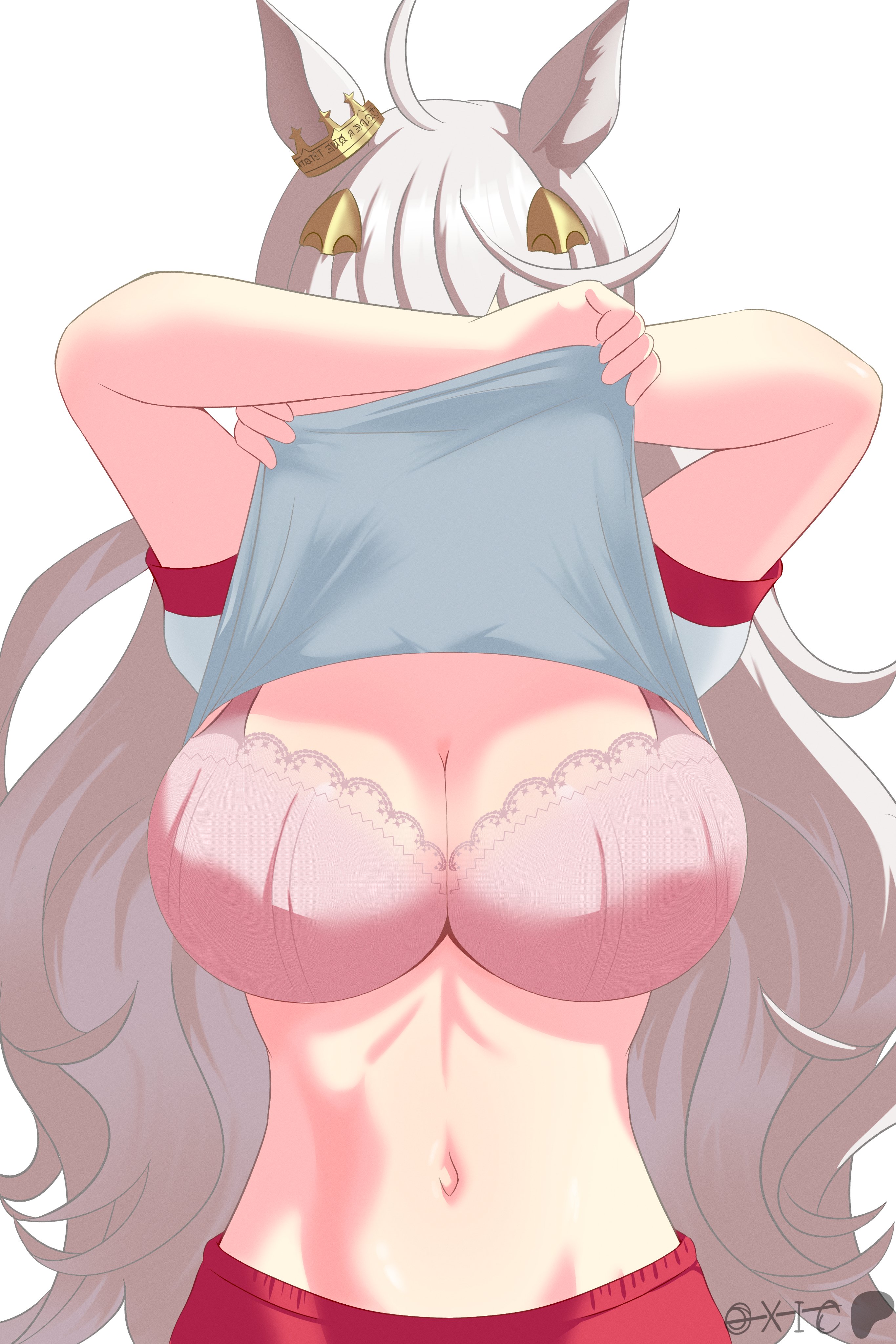 1girl, 1girls, absurdres, animal ears, artist name, biwa hayahide (umamusume), bra, breasts, cleavage, clothes lift, ear ornament, grey bra, grey hair, gym shirt, highres, horse ears, horse girl, large breasts, lifting own clothes, long hair, navel, oxicmar, shirt, shirt lift, simple background, solo, stomach, umamusume, underwear, undressing, upper body, white background, white shirt