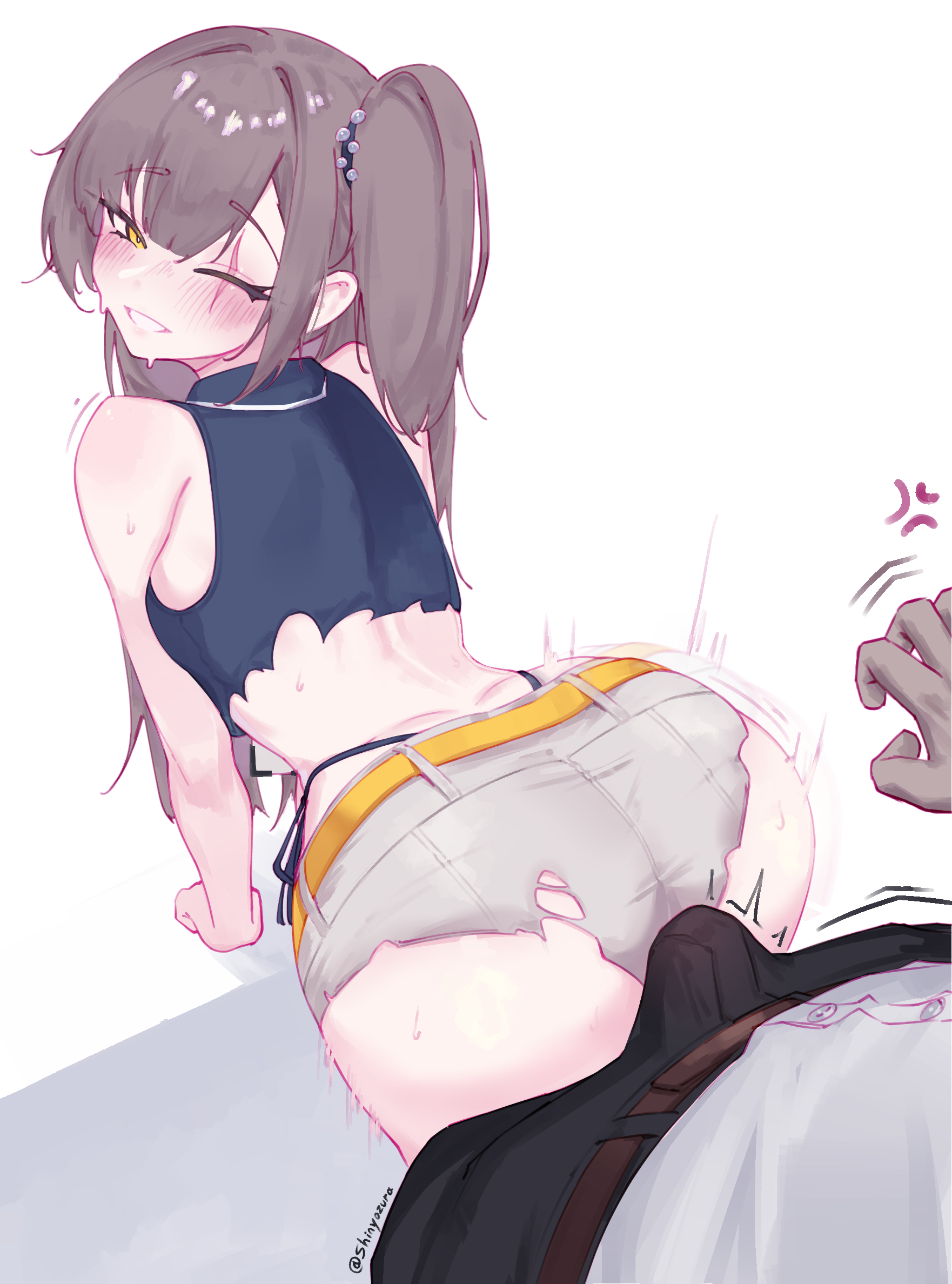 1boy, 1girls, ass, blush, brown hair, bulge, bulge through clothing, clothing, female, fully clothed, girls' frontline, girls' frontline 2: exilium, grinding, grinding on penis, leva (girls' frontline 2), leva (sultry tempo) (girls' frontline 2), long hair, looking at viewer, looking back, male, one eye closed, scar, scar on face, shinyozura, shirt, shorts, side ponytail, sweat, sweatdrop, ump45 (girls' frontline), yellow eyes