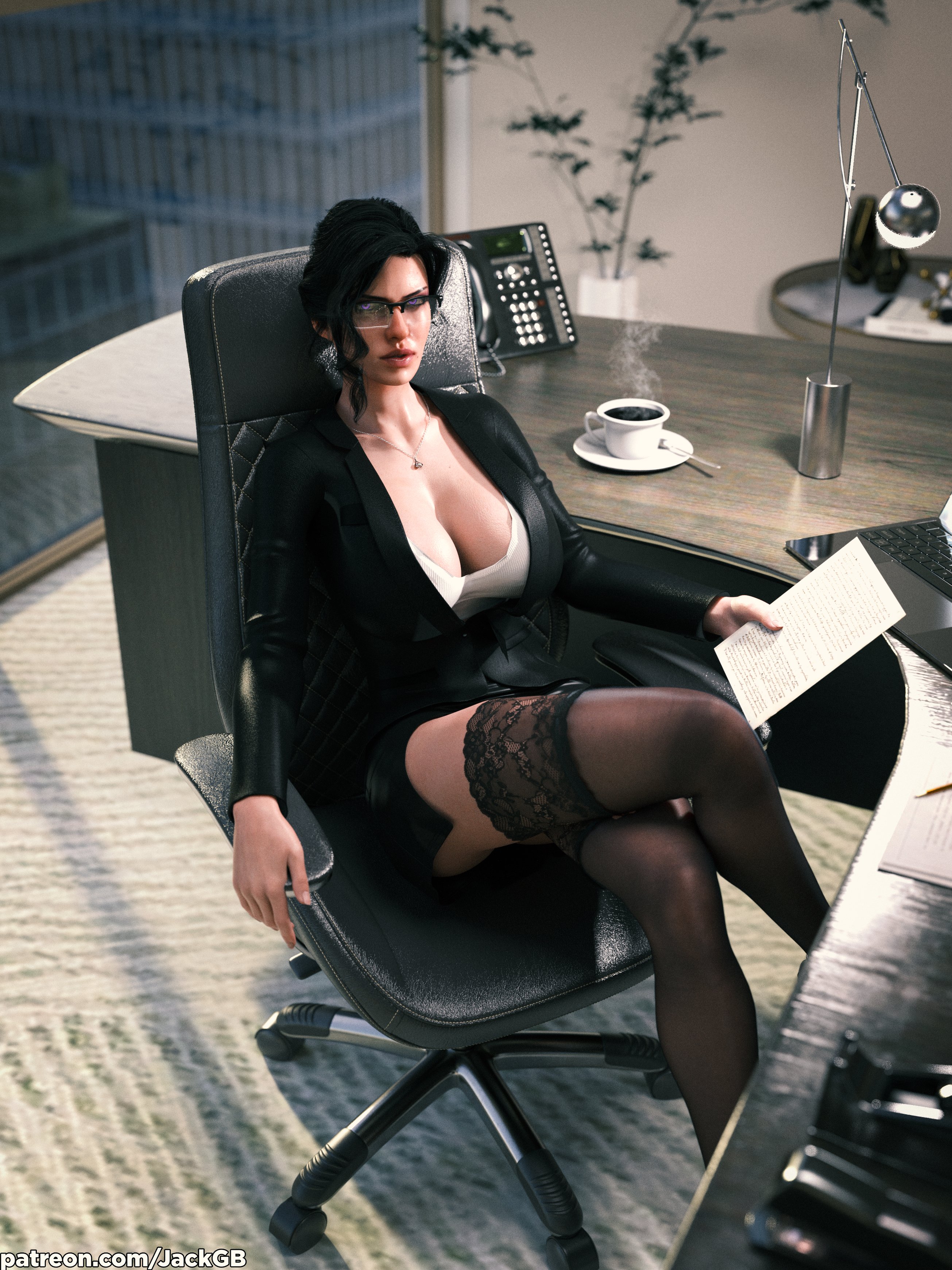1girls, 3d, big breasts, black hair, boss, breasts, cd projekt red, crossed legs, female, female only, glasses, jackgb, light skin, light-skinned female, looking at viewer, mascara, necklace, office, office clothing, office lady, purple eyes, solo, solo female, stockings, the witcher (series), the witcher 3: wild hunt, yennefer