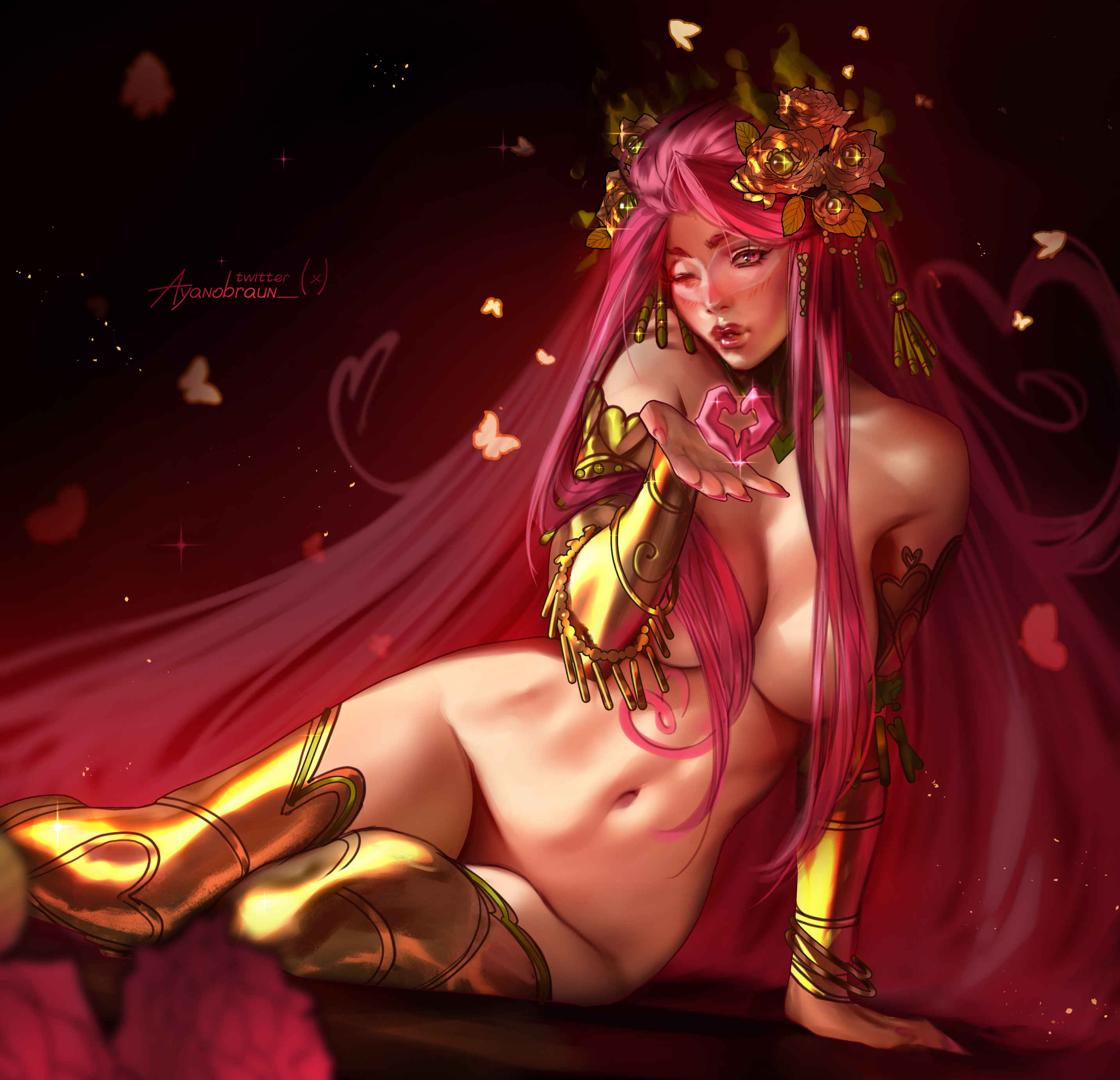 1girl, aphrodite, aphrodite (hades), ayanobraun, divine slut, female only, female torso, flirty, gold jewelry, hades (game), hades 2, long hair, looking at viewer, nudist, pink eyes, pink hair