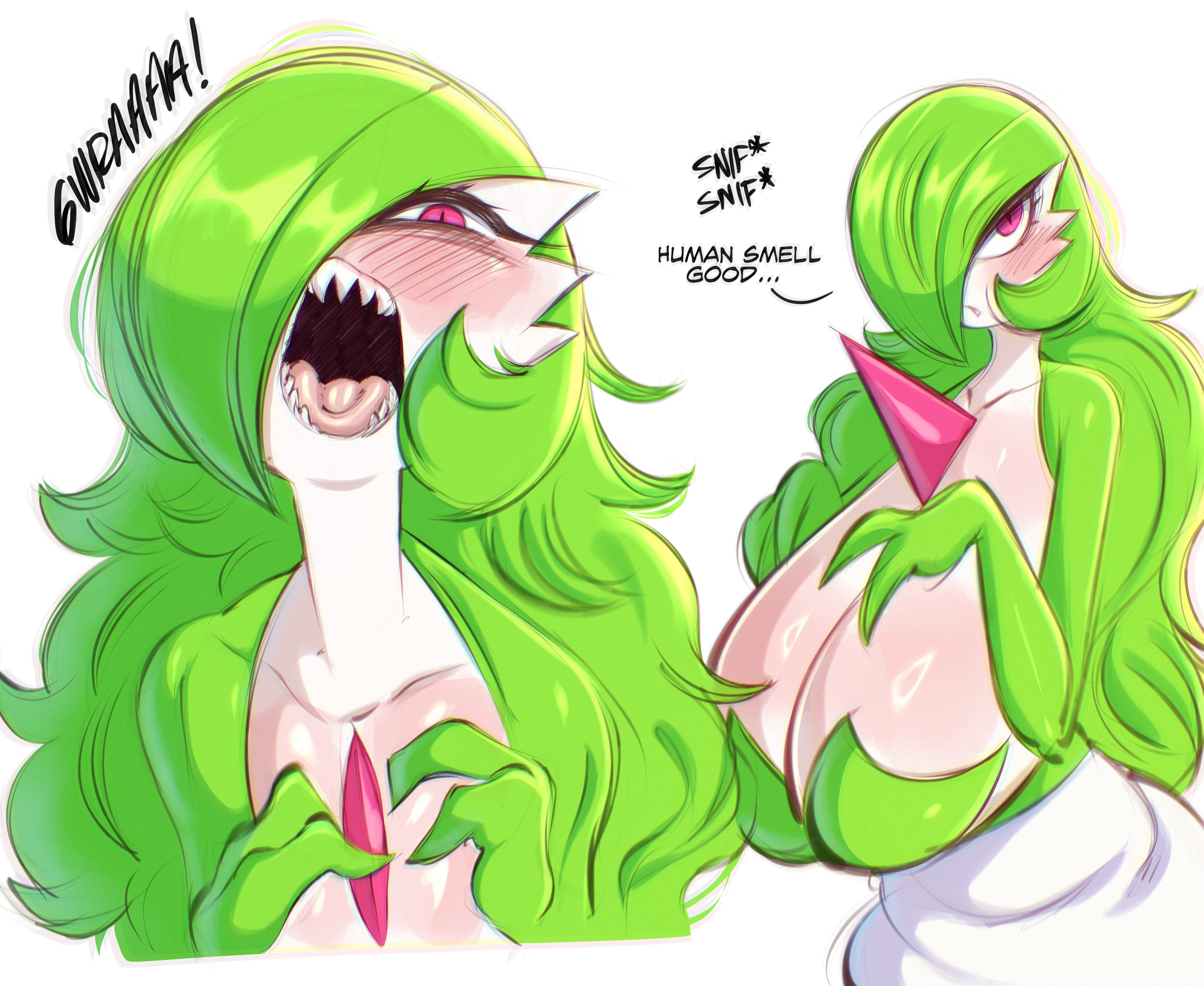 1girls, anthro, big breasts, blush, breasts, dialogue, english text, female, female only, gardevoir, generation 3 pokemon, green hair, hair over one eye, hi res, huge breasts, long hair, looking at viewer, nintendo, non-mammal breasts, open mouth, pink eyes, pokemon, pokemon (species), saltyxodium, sharp teeth, slit pupils, solo, text, tongue, white background