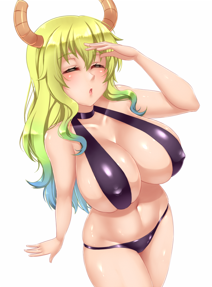 :o, alternate costume, arm at side, bangs, bare shoulders, bikini, bikini bottom, black bikini, black choker, breasts, choker, cleavage, cowboy shot, dragon girl, dragon horns, eyelashes, female, gradient, gradient hair, hair between eyes, horns, large breasts, legs together, long hair, miss kobayashi's dragon maid, multicolored hair, navel, open mouth, quetzalcoatl (dragon maid), raised arm, shiny, shiny clothes, shiny skin, simple background, sling bikini, solo, standing, swimsuit, twrlare, wavy hair, white background