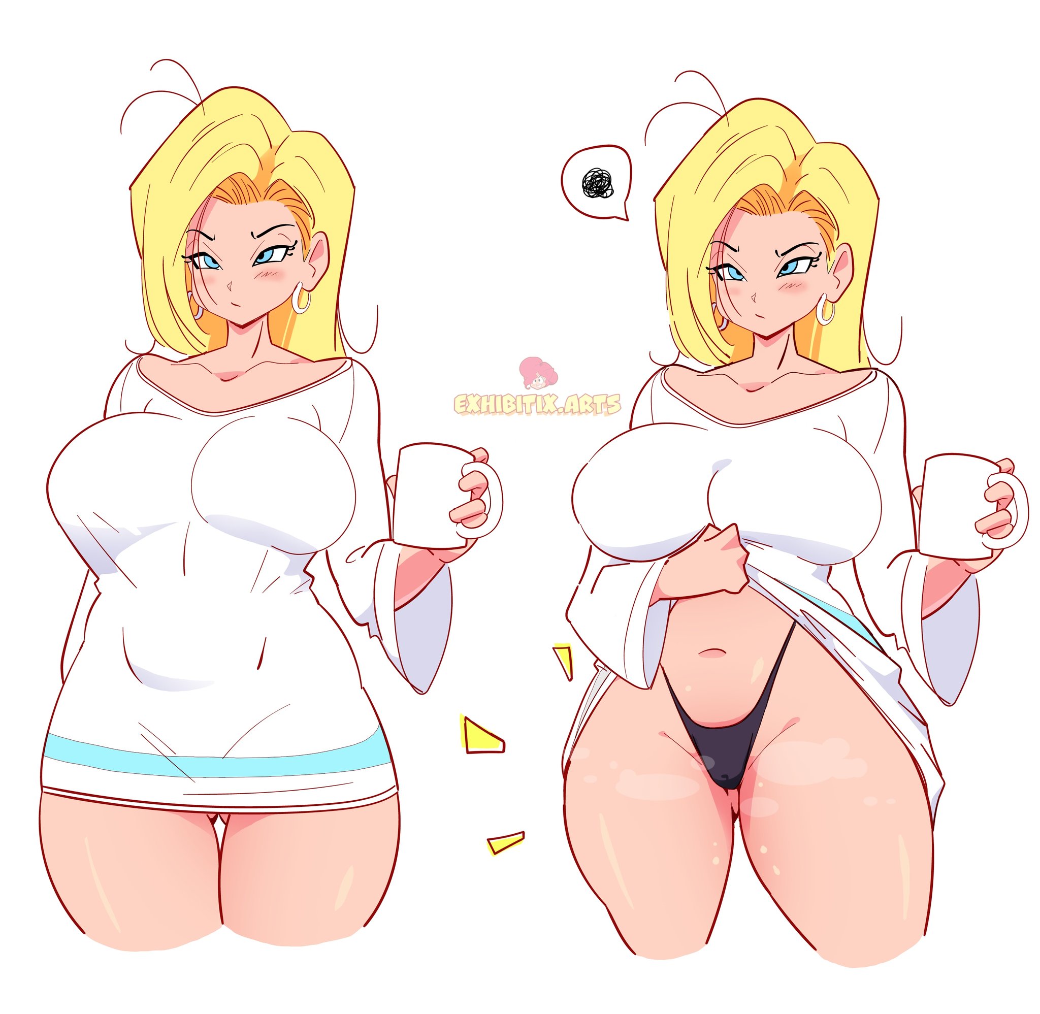 1girls, android 18, breasts, dragon ball, dragon ball z, female, female only, large breasts, lazuli (dragon ball), light skin, light-skinned female, looking at viewer, lunaexhabbitix, solo, thick thighs, thighs, white background, wide hips