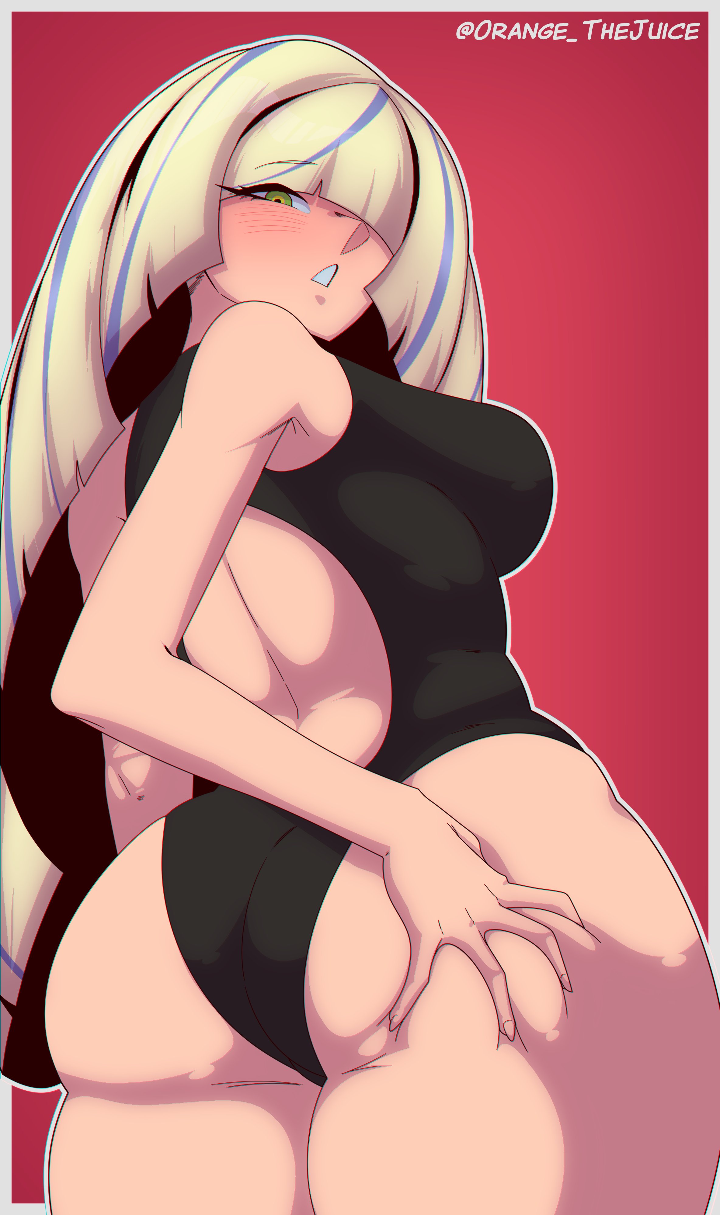 1girls, artist name, ass, ass grab, backless outfit, big ass, big breasts, blonde hair, blush, breasts, female, female only, game freak, grabbing ass, grabbing own ass, green eyes, hair, hair over one eye, hand on ass, long hair, looking back, lusamine (pokemon), mature, mature female, mature woman, milf, mother, orange thejuice, pokemon, pokemon sm, solo, solo female, thick thighs, thighs
