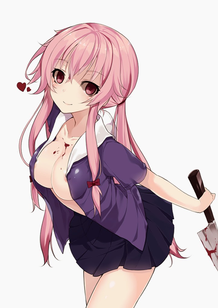 1girls, artist request, blood, breasts, female, female only, gasai yuno, knife, medium breasts, mirai nikki, nipples, pink eyes, pink hair, solo, tagme, weapon