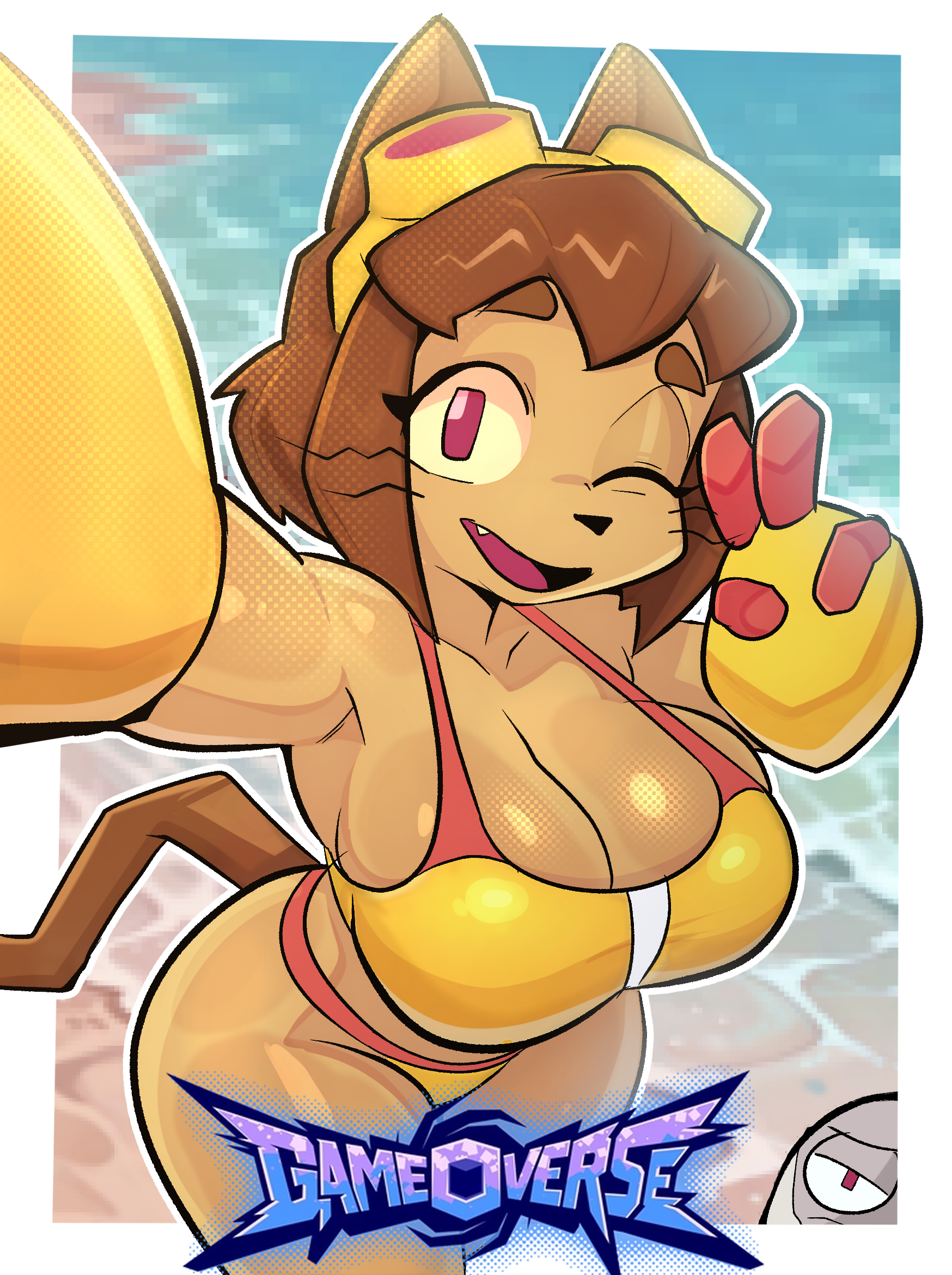 anthro, beach, big breasts, bikini, biped, breasts, brown hair, cleavage, clothed, clothing, domestic cat, eyelashes, felid, feline, felis, female, gameoverse, glitch productions, hair, hi res, illustratorfake, kaboodle (gameoverse), kit (gameoverse), kit bodega, looking at viewer, mammal, one eye closed, pupils, smile, swimwear, tail, two-piece swimsuit, whiskers, wink, yellow bikini, yellow clothing, yellow swimwear