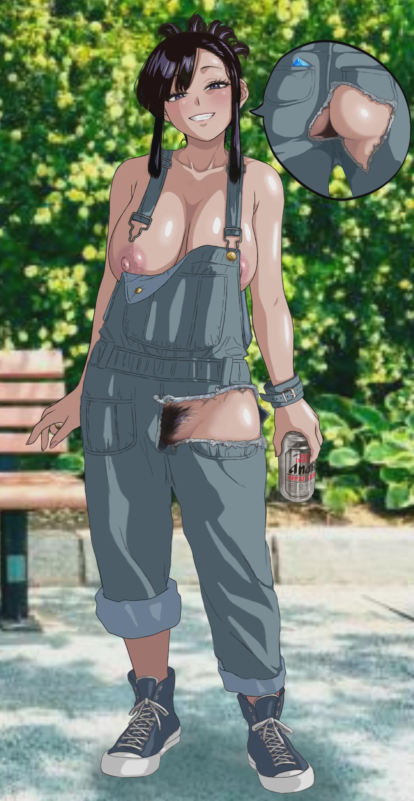 1girl, 1girls, artist request, beer, big breasts, condom in clothes, female, female pubic hair, nipple slip, no bra, no panties, overalls, park, park bench, partially clothed, pubic hair, pubic hair peek, public, public nudity, sneakers, tagme, tagme (artist), tomboy, torn bottomwear, torn clothes, torn clothing, torn pants