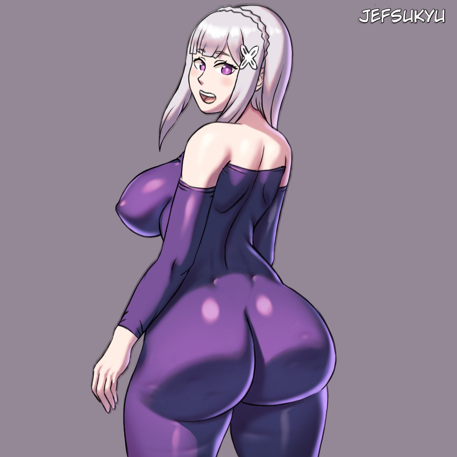 1girl, artist name, ass, ass focus, bare shoulders, blush, bodysuit, breasts, emilia (re:zero), from behind, huge ass, jefsukyu, large breasts, long hair, looking at viewer, looking back, open mouth, pointy ears, re:zero kara hajimeru isekai seikatsu, sideboob, smile, solo