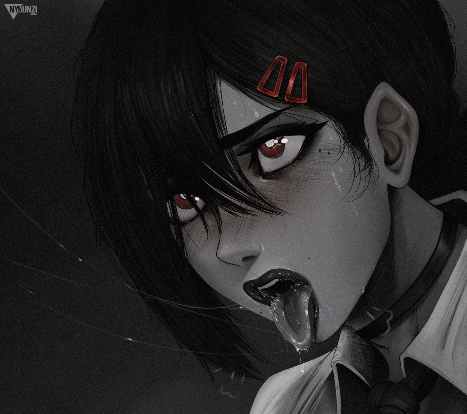 1girls, after oral, ahe gao, ahegao face, blush, chainsaw man, female, hair over one eye, higashiyama kobeni, male, nyuunzi, open mouth, penis, red eyes, saliva, saliva on tongue, saliva string, saliva trail, short hair, tongue, tongue out