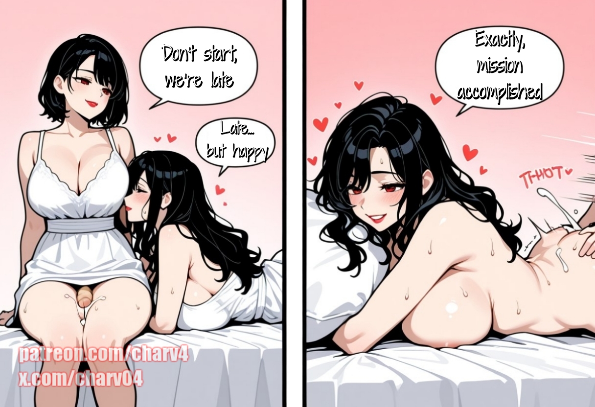 2futas, ai generated, anal, anal sex, before and after, before sex, big ass, big breasts, black hair, charv, futa on futa, futa only, futadom, futanari, heart, instant loss 2koma, kaori (charv), long hair, married couple, on bed, red eyes, selene (charv), short hair, smile, wife, wife and wife