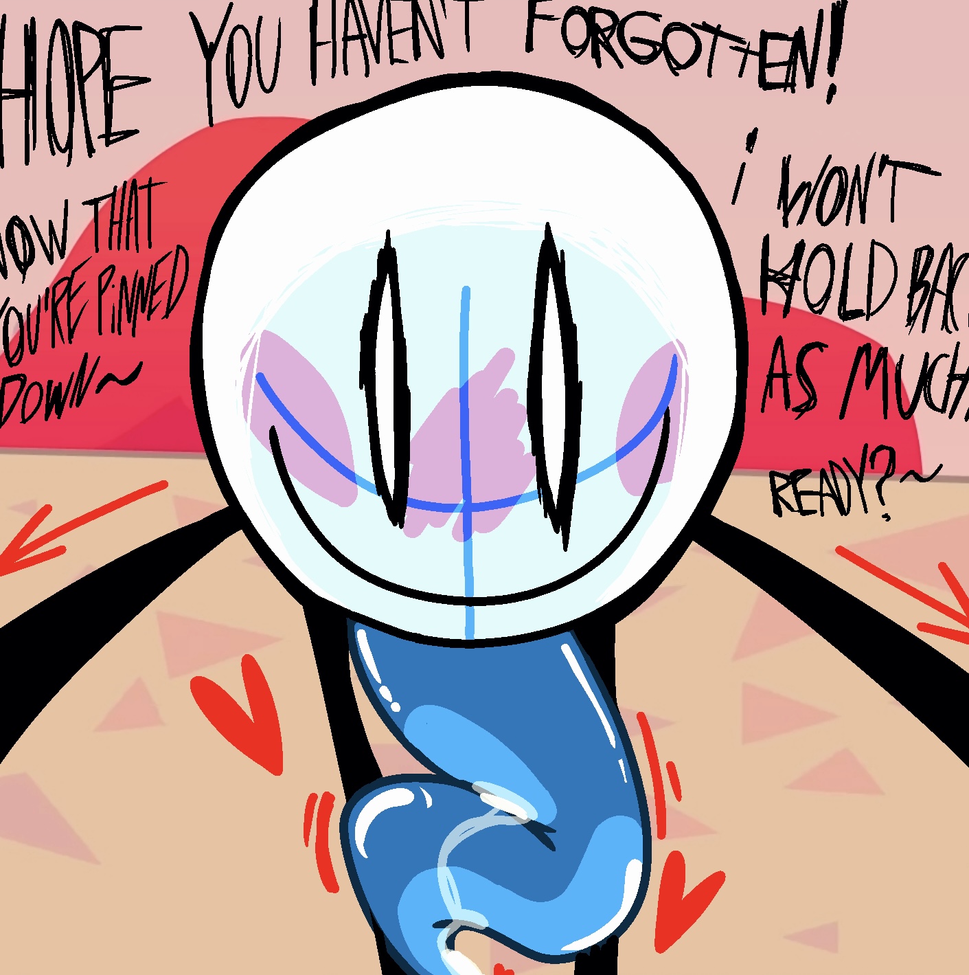 animatic (animatic battle), animatic battle, arrows, blushing, dubious consent, dubious penetration, heart, object shows, pinned down, point of view, pov, smiling at viewer, tentacle penis, thick penis, wet penis