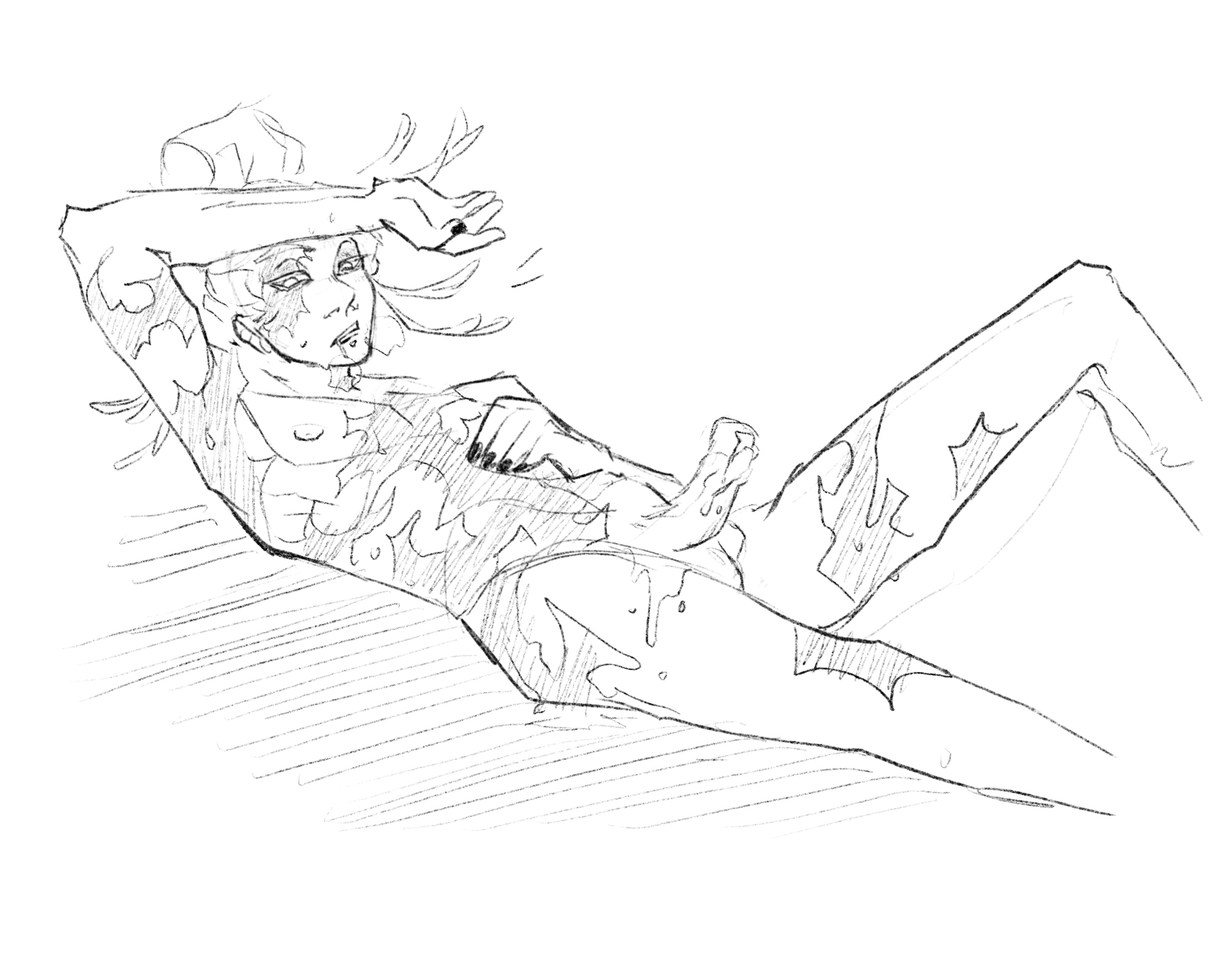 allknowingaxolotl, cum, drool, drooling, feminine male, gachiakuta, hair up, laying down, laying on back, legs apart, legs spread, long hair, male, male only, orgasm, post-orgasm, scar, scars, scars all over, sketch, skinny male, slim male, solo, solo male, sweat, sweatdrop, tamsy caines