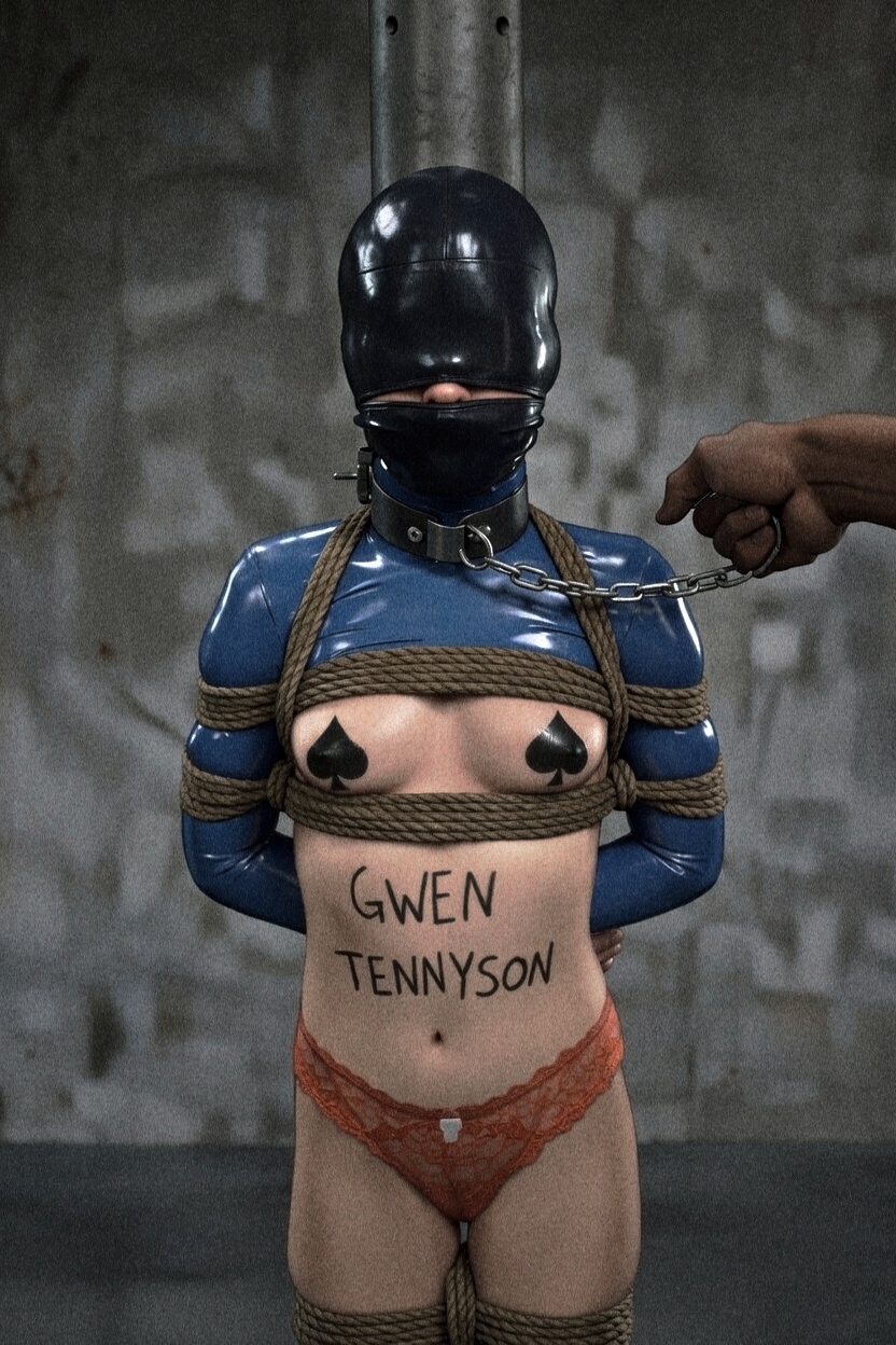 1boy, 1boy1girls, 1girls, 1girls1boy, 3d, 3d (artwork), 3d model, 3d render, abducted, age difference, ai assisted, ai generated, arms behind back, bad end, bad ending, bare legs, ben 10, big dom small sub, body writing, bondage, breasts, captive, captured, cartoon network, chain leash, chains, character name, choker, collar, covered head, covered nipples, damsel in distress, dark skin, dark-skinned male, defeated, degradation, degrading, enslaved, erotic, exposed breasts, female, female focus, female/male, femsub, fetish, forced, front view, gag, gagged, grainy, gwen tennyson, hair clip, helpless, hood, hostage, hourglass figure, humiliated, humiliating, humiliation, humiliation fetish, identity death, imminent rape, kallovita, kidnapped, kinky, latex, latex clothing, latex hood, leash, leash grab, leash pull, leather, leather collar, leather gag, legs, male, male/female, maledom, mouth gag, nipples, noise, orange panties, permanent bondage, petite, petite body, petite female, queen of spades symbol, restrained, rope, rope bondage, ropes, sex slave, sexy, shibari over clothes, shiny, shiny body, shiny clothes, shiny latex, shiny skin, simple background, size difference, slave, slave collar, slave girl, small breasts, small sub big dom, smaller female, submissive, submissive female, tagme, teen girl, teenage girl, teenager, thighs, thong, unseen character, unseen character face, unseen female face, unseen male, unseen male face, vulnerable, writing on body