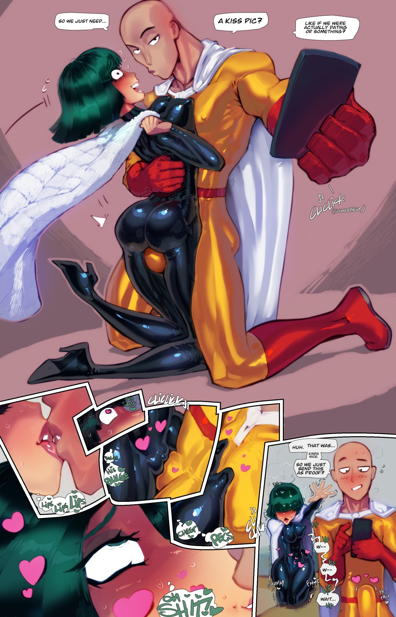 1boy, 1girls, ass, bald, bald male, big ass, big breasts, big bulge, big butt, blush, bulge, cameltoe, cape, clothed, clothing, color, comic, comic page, dress, english text, female, fred perry, fubuki (one-punch man), green eyes, green hair, hi res, horny, horny female, kissing, kneeling, large breasts, latex, latex clothing, latex suit, light skin, light-skinned female, looking at another, looking pleasured, male, male/female, nipple bulge, on knees, one-punch man, page 3, pants bulge, pleasure face, saitama, short hair, smug, smug face, superhero, superheroine, sweat, tagme, text, text bubble, thick thighs