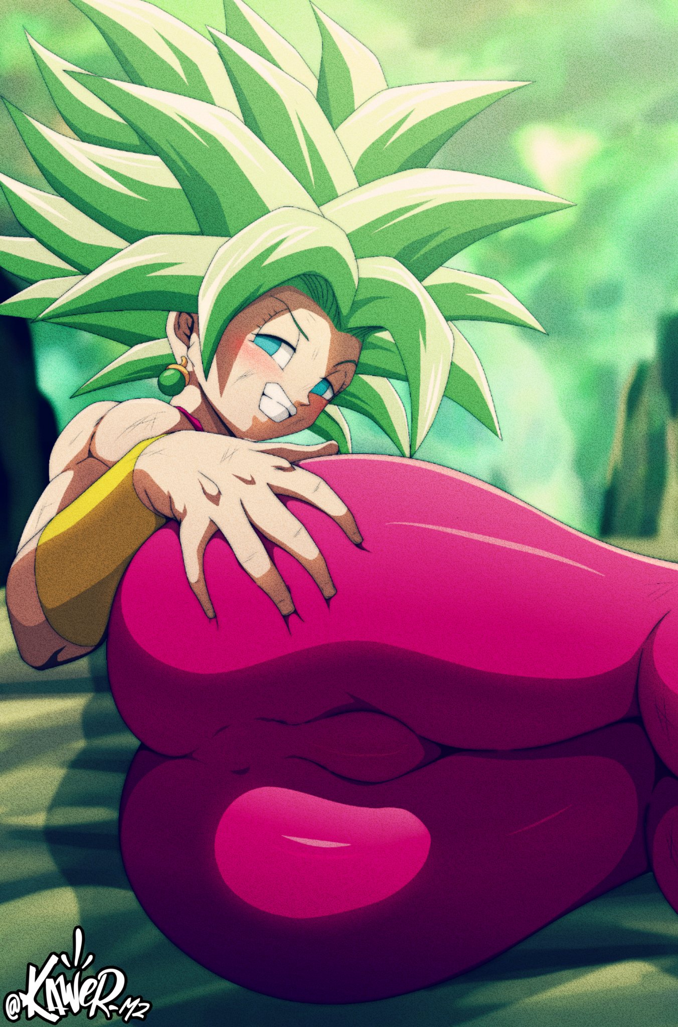 1girls, 2d, 2d (artwork), anus outline, anus visible through clothes, artist logo, ass grab, blue eyes, dragon ball, dragon ball super, female, female focus, female only, green hair, kaw3r, kefla, legendary super saiyan, leggings, looking at viewer, on side, pussy lips, pussy outline, red leggings, red legwear, spiky hair, spreading, super saiyan, super saiyan 2, watermark