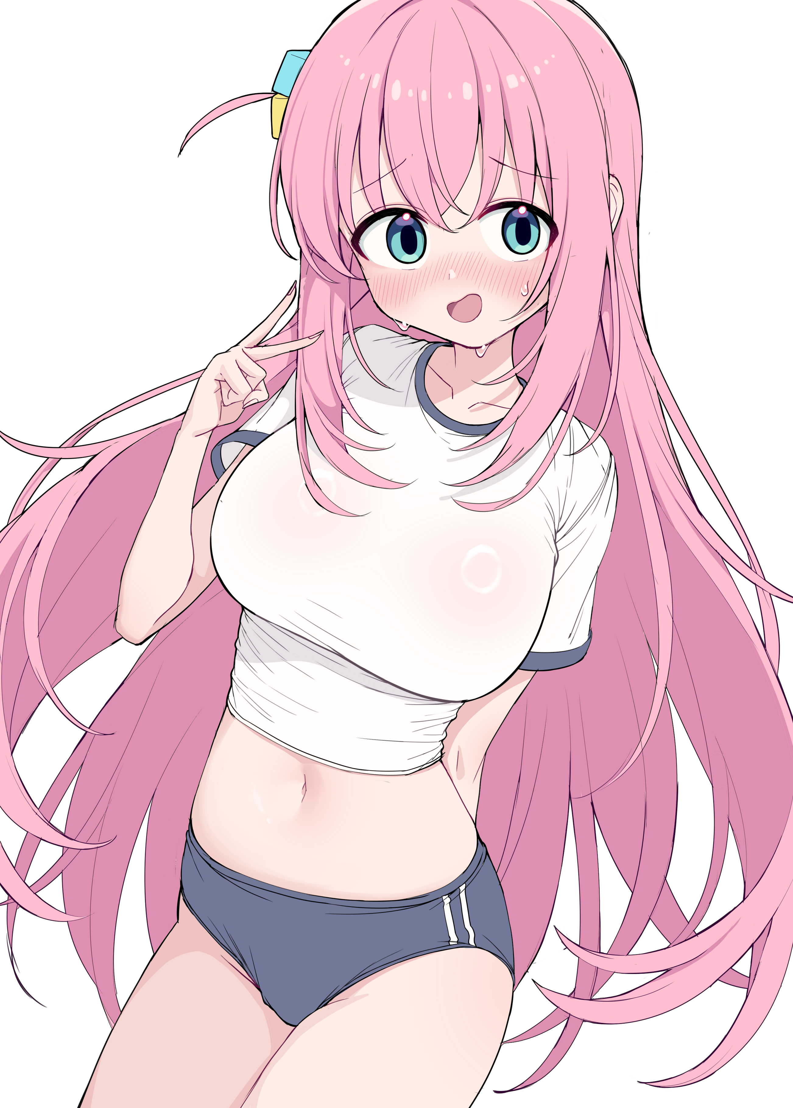 absurdres, blue buruma, blue eyes, blush, bocchi the rock!, breasts, buruma, commentary, cube hair ornament, female, gotoh hitori, gotou hitori, hair ornament, highres, large breasts, long hair, metaljelly, midriff, navel, pink hair, shirt, side ahoge, simple background, solo, sportswear, very long hair, white background, white shirt