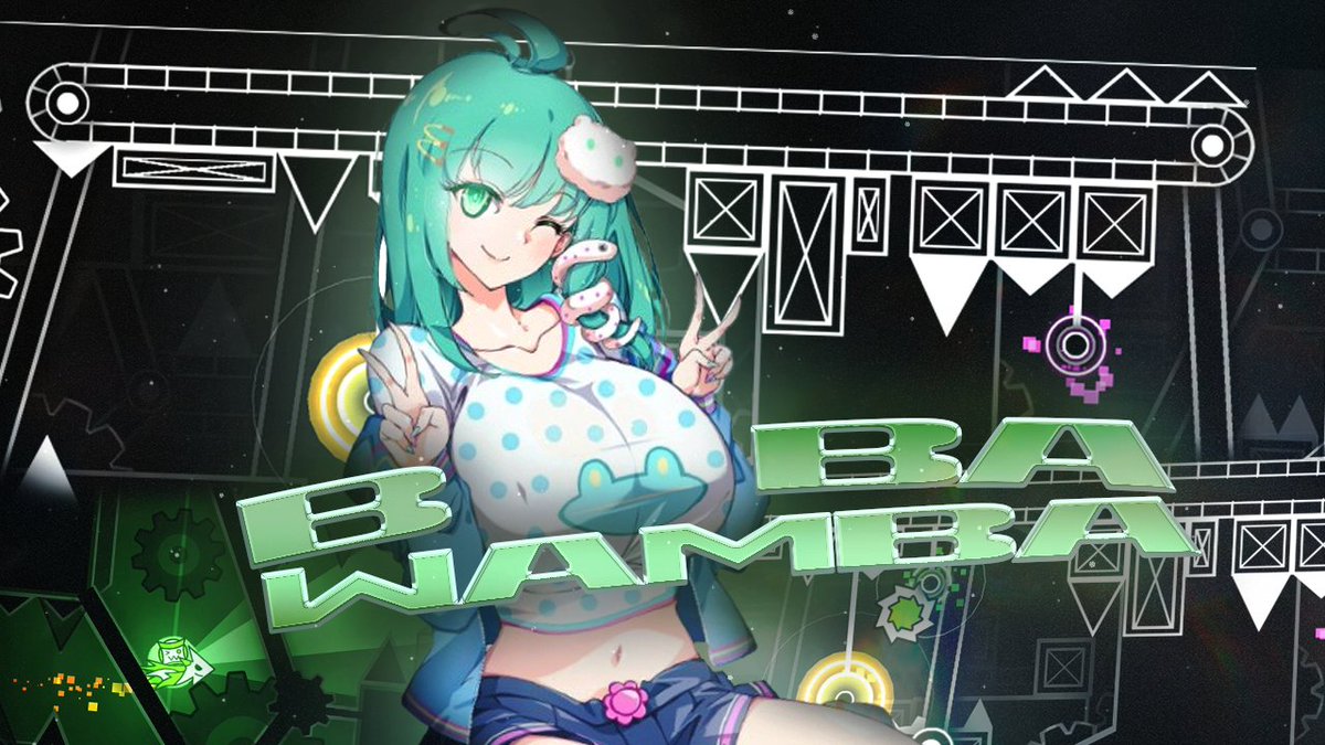 big breasts, boobawamba, boobawamba (geometry dash), clothed, female, geometry dash, green eyes, green hair, sanae kochiya, thumbnail, touhou, youtube thumbnail