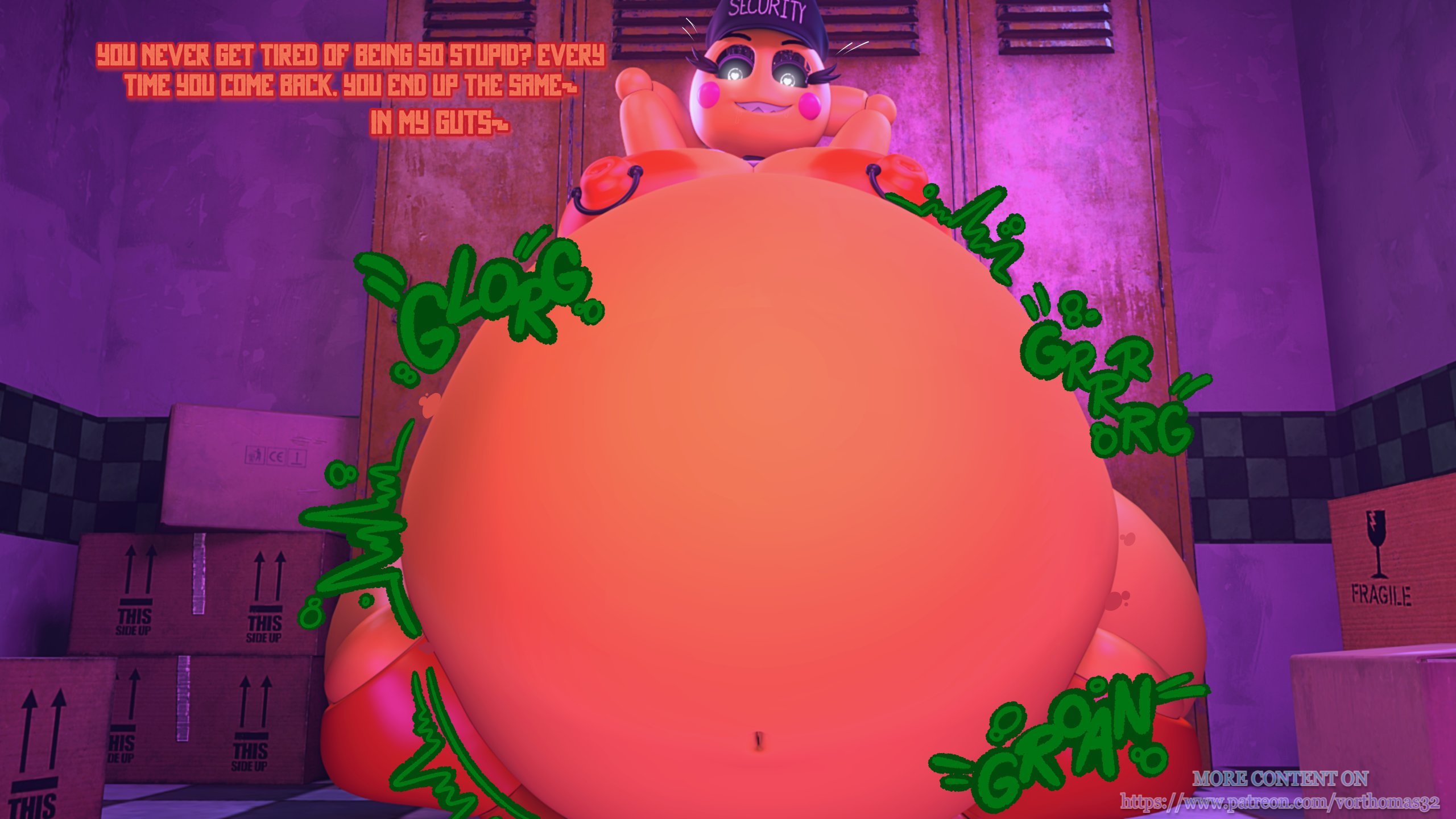 1girls, 3d, 3d (artwork), animatronic, animatronic female, animatronic girl, belly, belly bulge, big belly, big belly bulge, big breasts, boobs bigger than head, breasts, breasts bigger than head, digestion, digestion noises, english, english dialogue, english text, female, female focus, female only, female pred, five nights at freddy's, five nights at freddy's 2, furry, furry female, furry pred, hat, huge belly, hyper, hyper belly, hyper breasts, hyper nipples, large boobs, large breasts, multiple prey, oral vore, robot, robot girl, robot pred, same size vore, soft vore, text, toy chica (fnaf), toy chica (love taste), vore, vore belly, vorthomas82