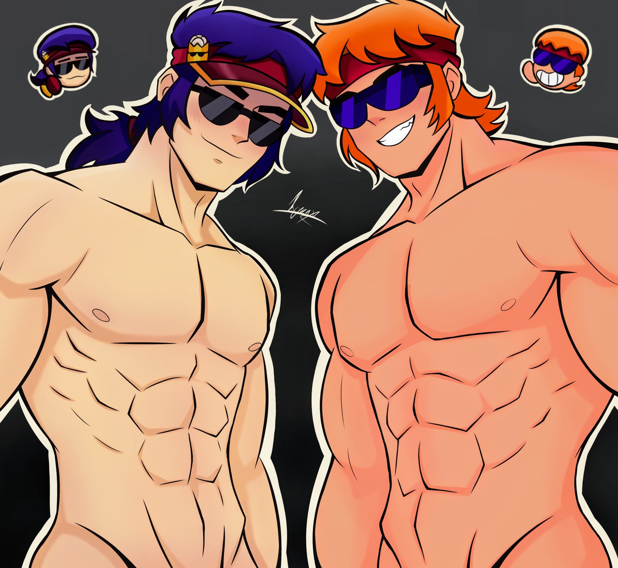 abs, bara, bara tits, brawl stars, buster (brawl stars), fang (brawl stars), male focus, male only, muscular, muscular male, nipples, no visible genitalia, sunglasses, tagme