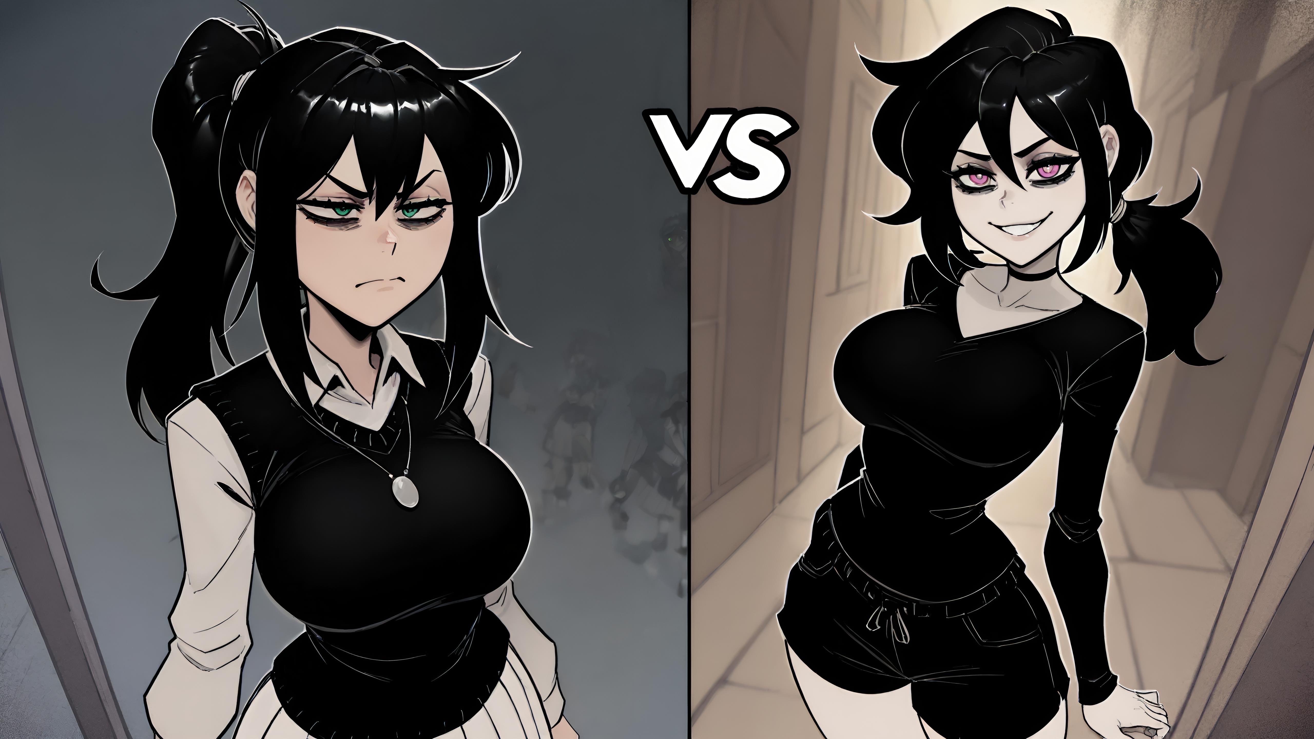 1girls, 2female, 2girl, 2girls, ai generated, angry, angry expression, angry face, ashley graves, big breasts, black choker, black hair, breasts, choker, curvy, curvy body, curvy female, curvy figure, daughter, daughter and mother, female, female focus, female only, fight, fighting pose, green eyes, lips, looking at viewer, mature, mature female, mother, mother and daughter, necklace, purple eyes, renee graves, seducing, seduction, seductive, seductive body, seductive eyes, seductive gaze, seductive look, seductive mouth, seductive pose, seductive smile, serious, serious face, serious look, smile, smiling, smiling at viewer, the coffin of andy and leyley, voluptuous, voluptuous body, voluptuous female, vs, young