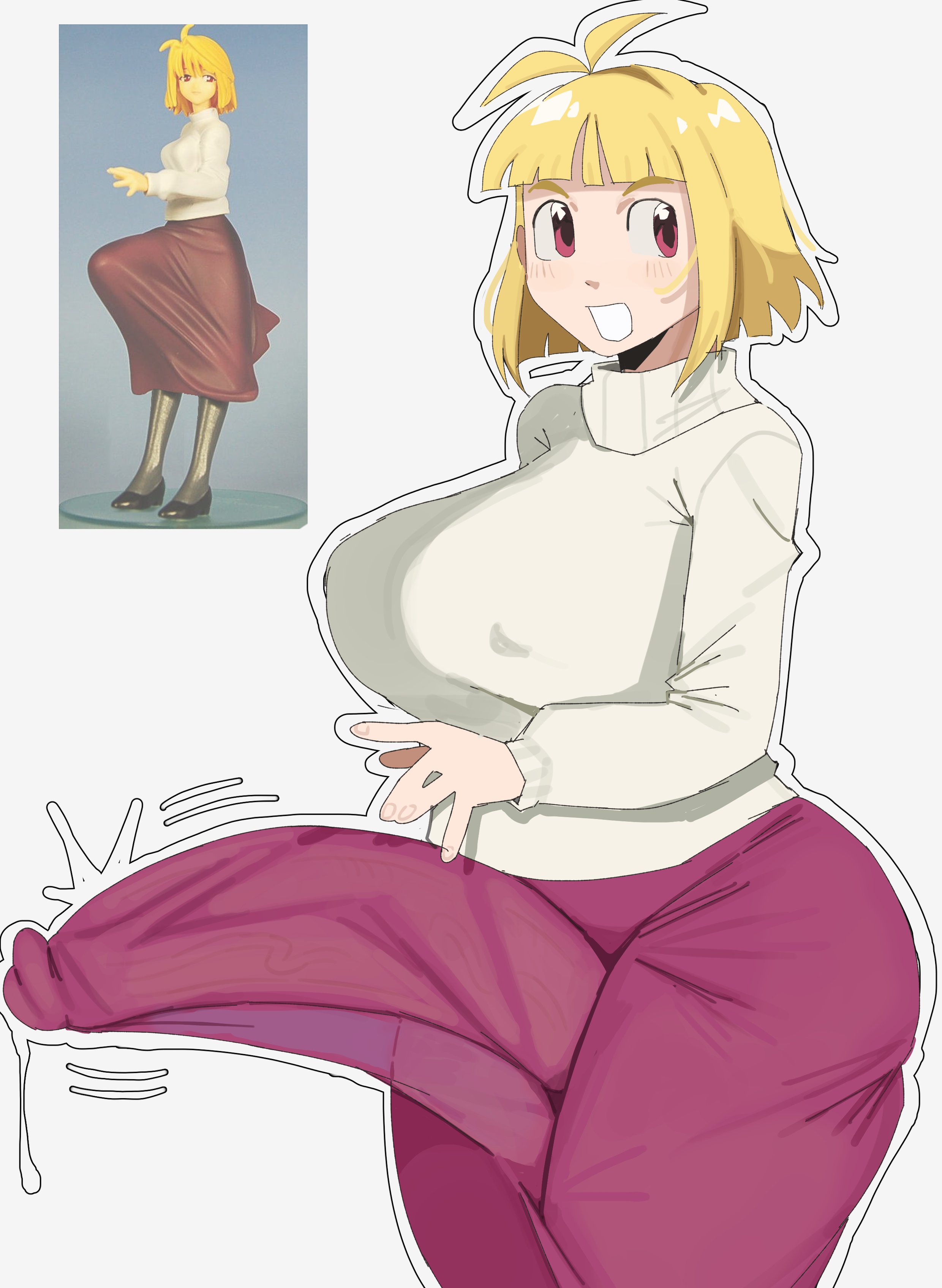 1futa, arcueid brunestud, big breasts, big penis, blonde futa, blonde hair, bulge, bulge under clothes, busty, dick, dickgirl, erect penis, erection, erection under clothes, fat cock, futa only, futanari, gomikusatta, huge breasts, huge cock, large breasts, large penis, melty blood arcueid figure (meme), meme, mostly clothed, penis, penis outline, penis under clothes, solo, solo futa, tsukihime