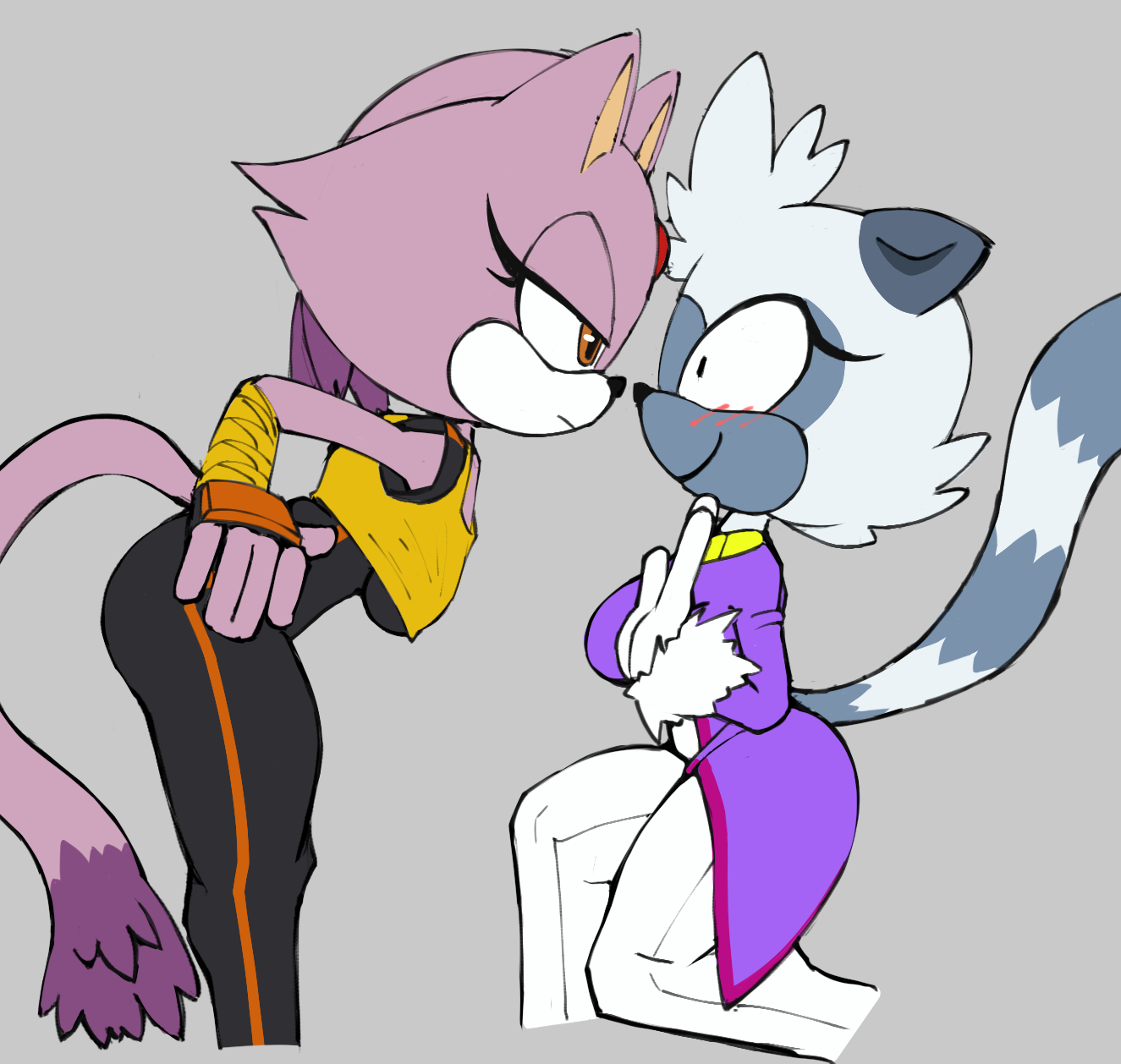 2d, 2d (artwork), 2d artwork, bent over, blaze the cat, blaze the cat (cosplay), blush, blush lines, bubble ass, bubble butt, cat ears, cat tail, cosplay, deliciouscake, fingerless gloves, gem on forehead, grey fur, grey hair, long tail, purple hair, round ass, round butt, sega, size difference, small breasts, sonic (series), sonic the hedgehog (series), sport pants, sports bra, sportswear, tangle the lemur, tangle the lemur (cosplay), thick ass, thick butt, thick hips, thick thighs, thin waist, tight clothing, white pants, wide hips, wide thighs